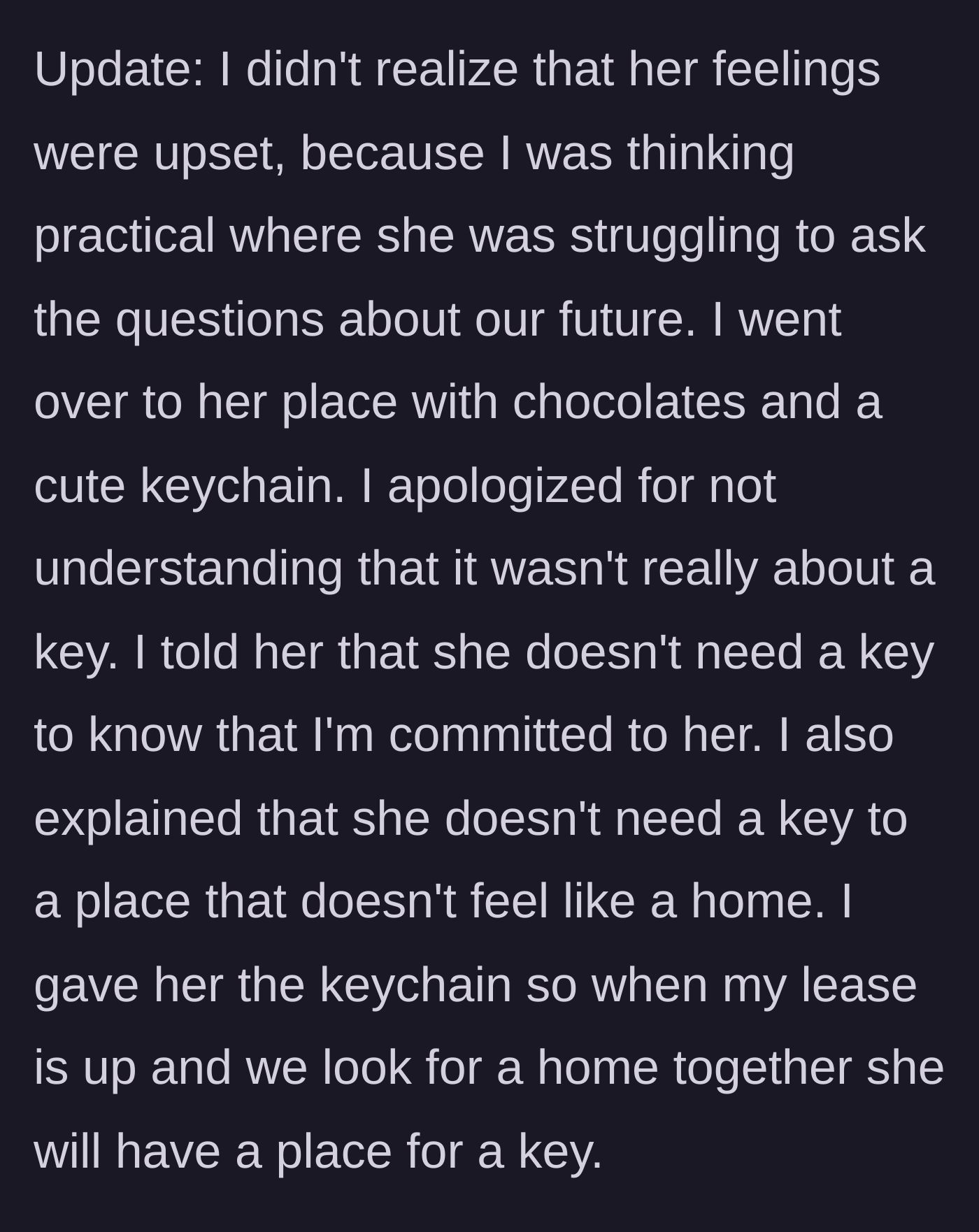 Story part 8 - A heartwarming update where he brings her chocolates, a keychain, and a promise to move in together.