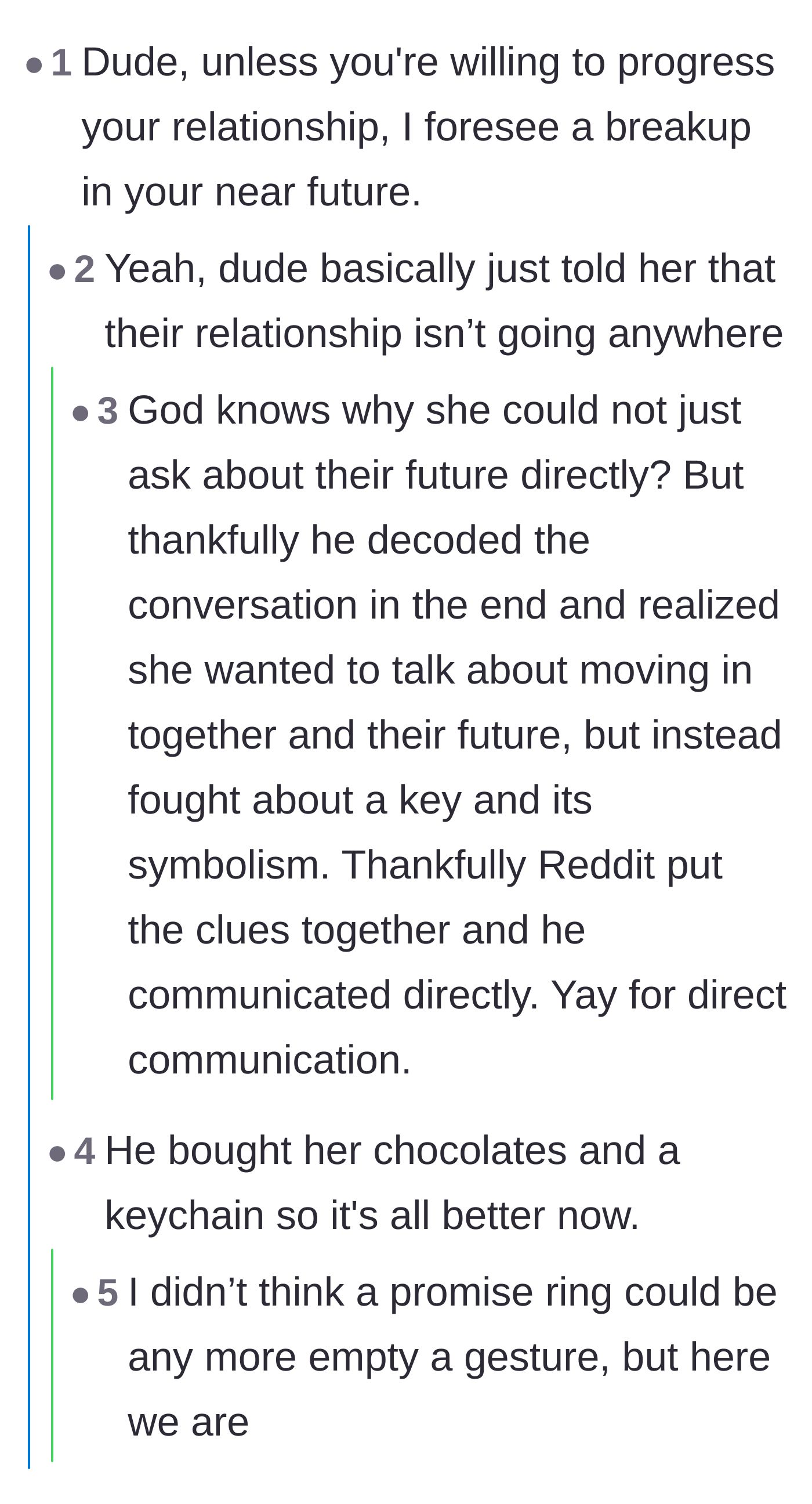 Comment thread 1 - Readers debating whether the empty keychain update was a sweet gesture or a manipulative delay tactic.
