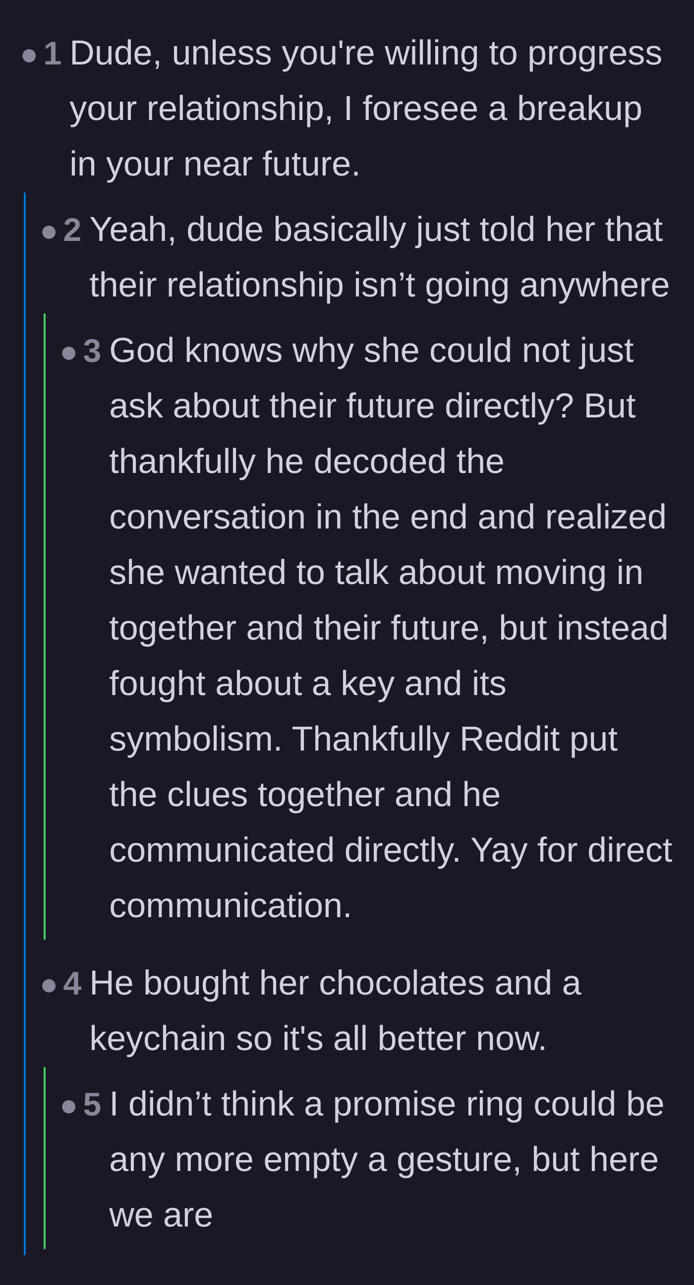 Comment thread 1 - Readers debating whether the empty keychain update was a sweet gesture or a manipulative delay tactic.