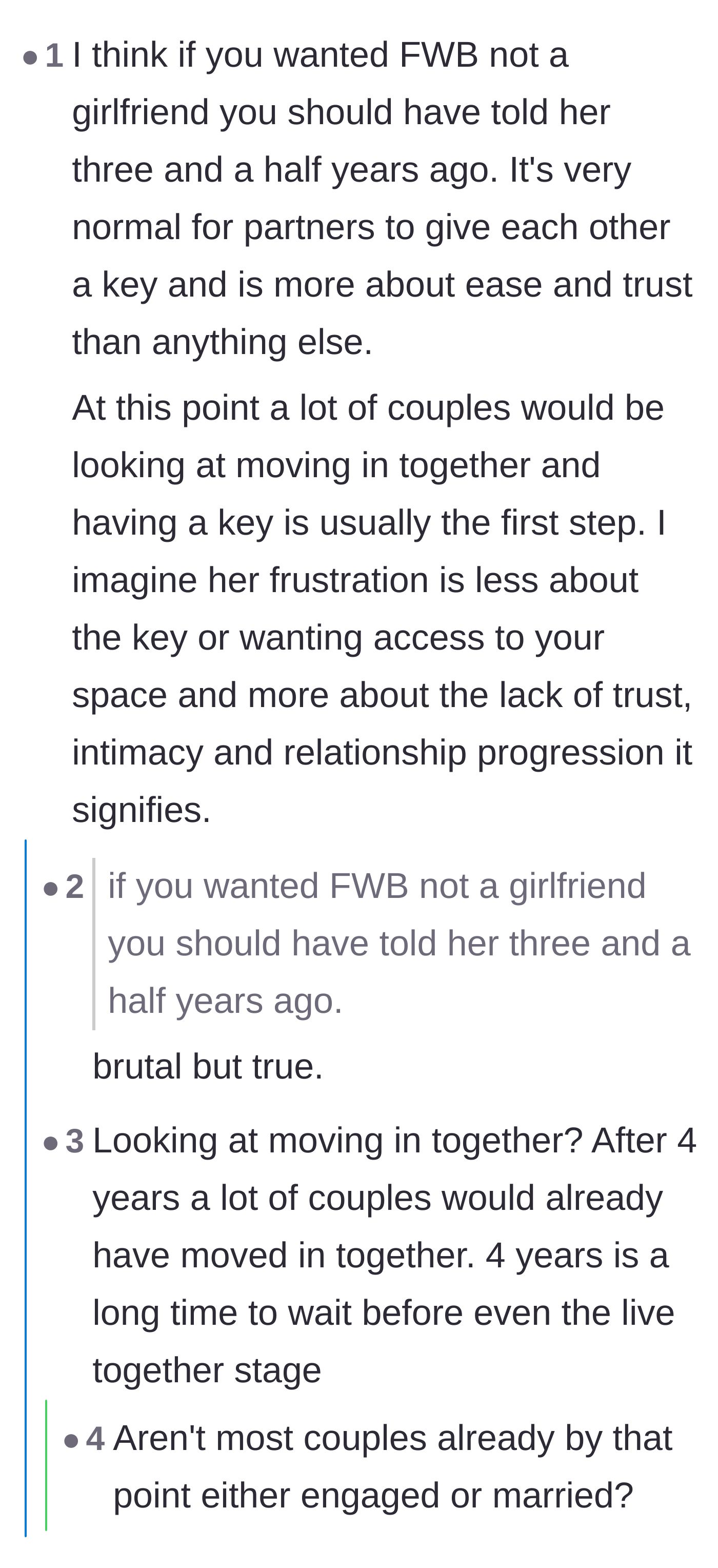 Comment thread 3 - A discussion about normal relationship timelines and how four years is too long to wait to share a space.