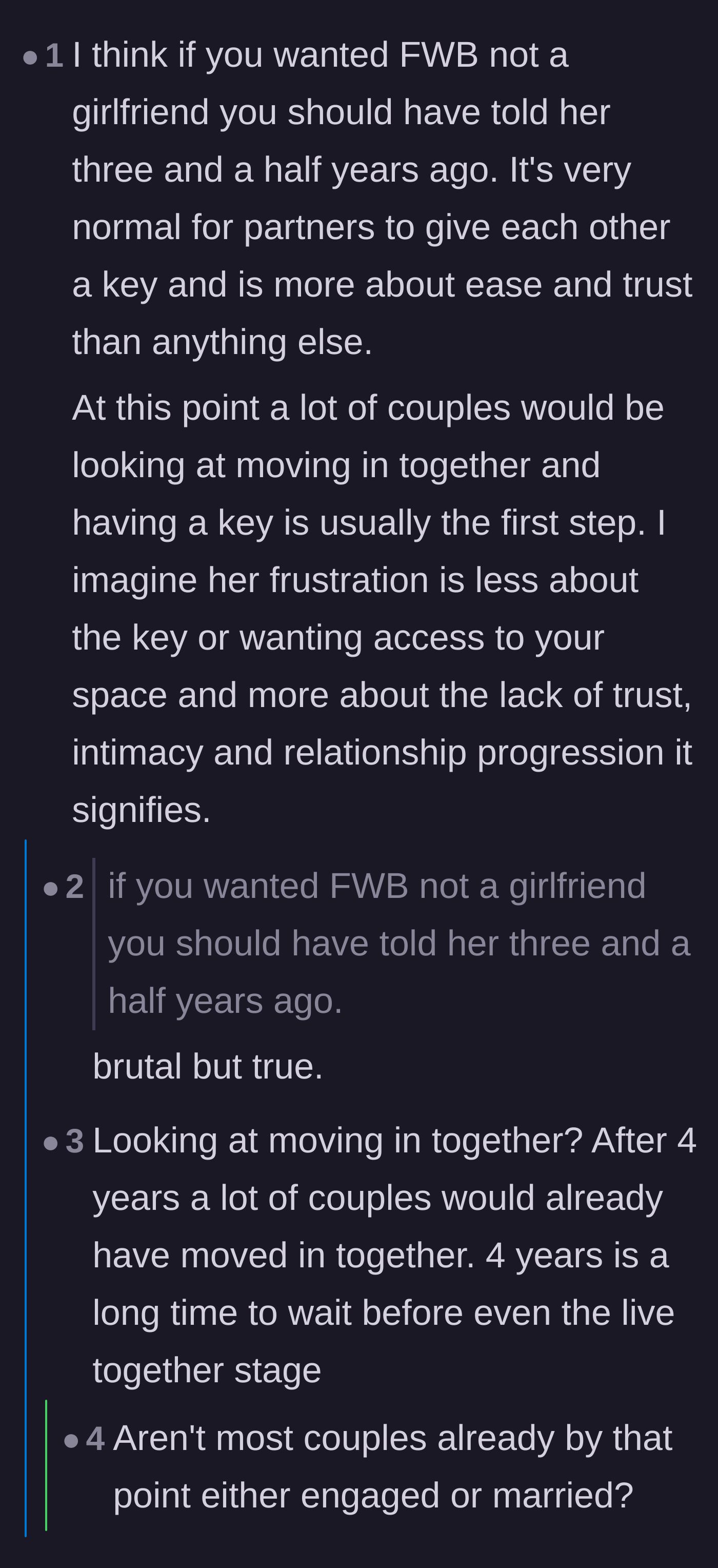 Comment thread 3 - A discussion about normal relationship timelines and how four years is too long to wait to share a space.