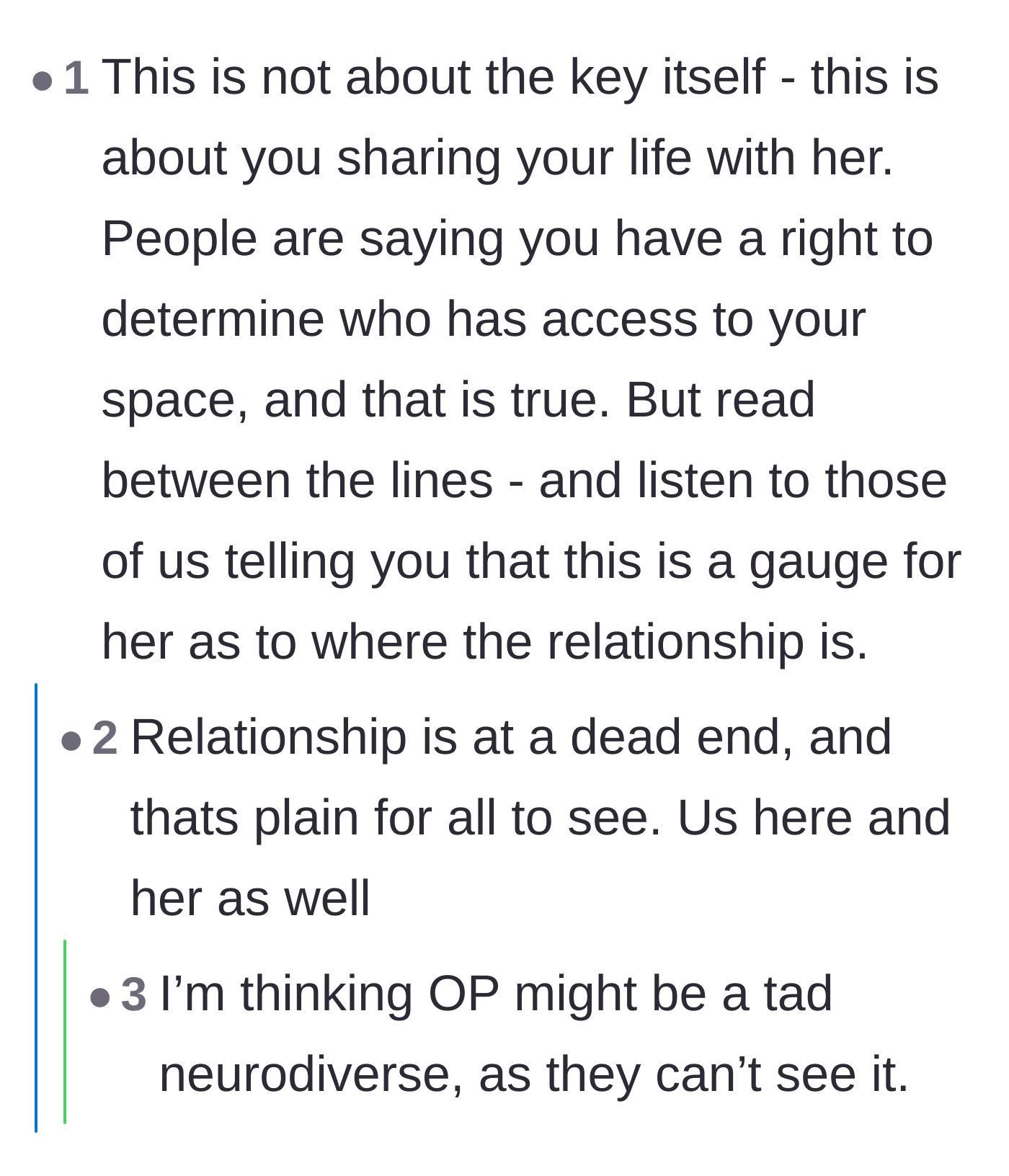Comment thread 4 - Advice explaining that the spare apartment key is actually a metaphor for emotional intimacy and sharing a life together.