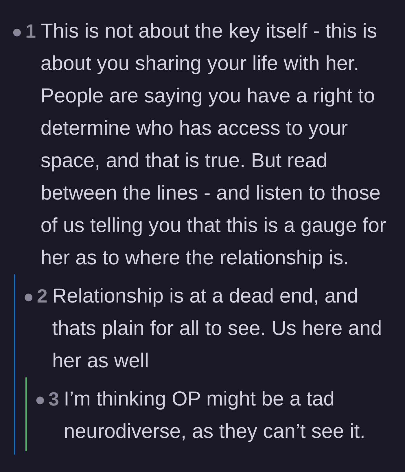 Comment thread 4 - Advice explaining that the spare apartment key is actually a metaphor for emotional intimacy and sharing a life together.