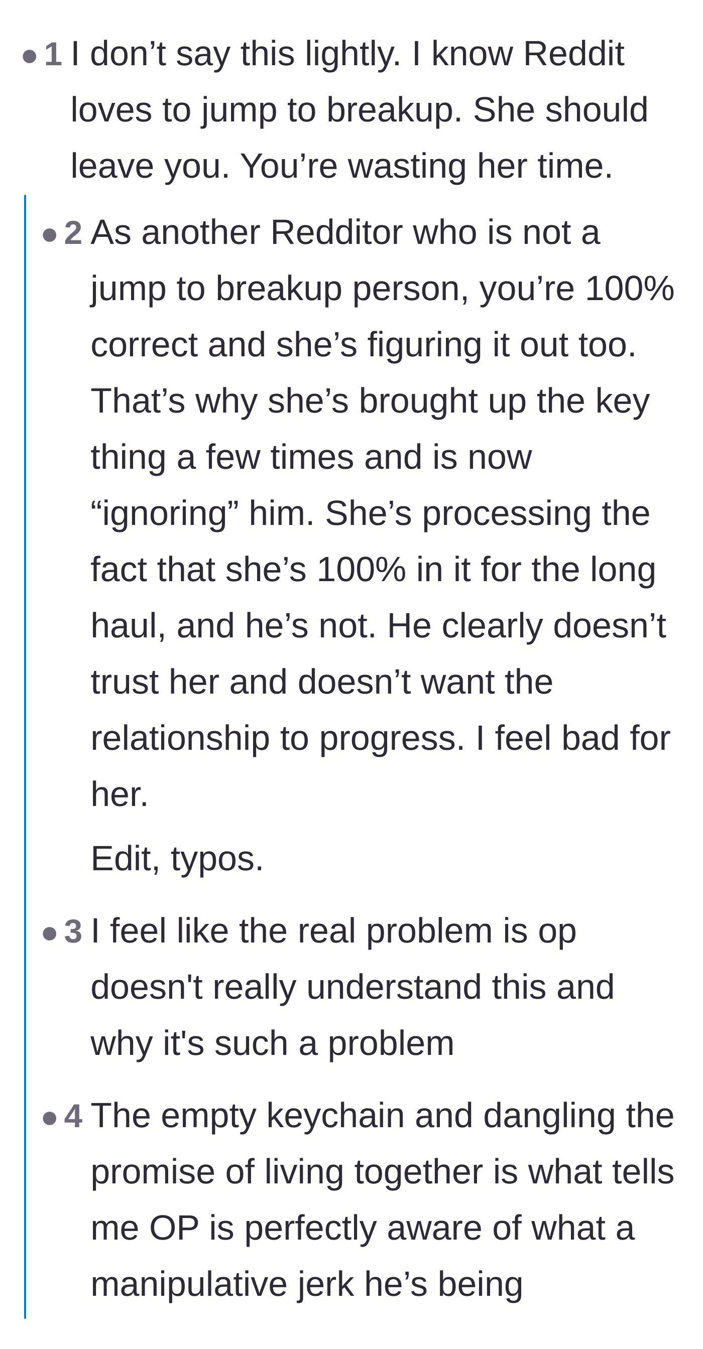 Comment thread 5 - Readers urging the girlfriend to leave the relationship and stop accepting empty promises.