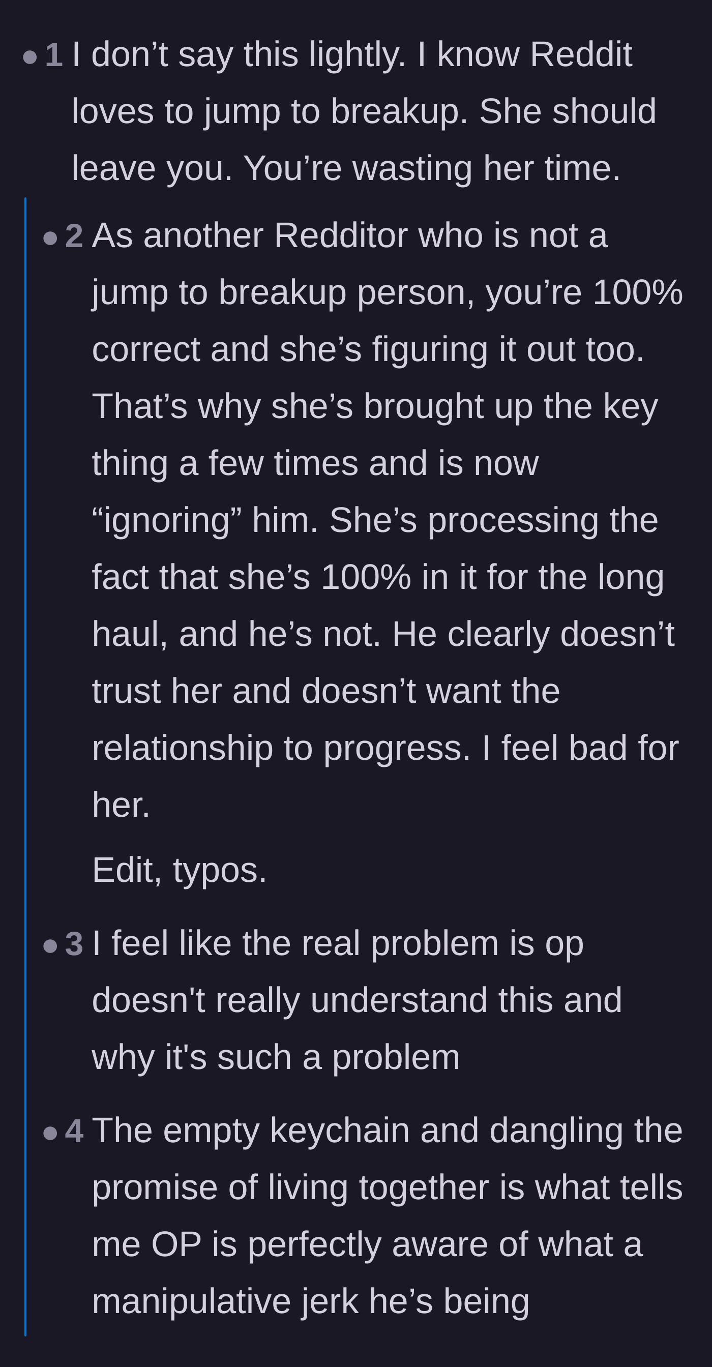 Comment thread 5 - Readers urging the girlfriend to leave the relationship and stop accepting empty promises.