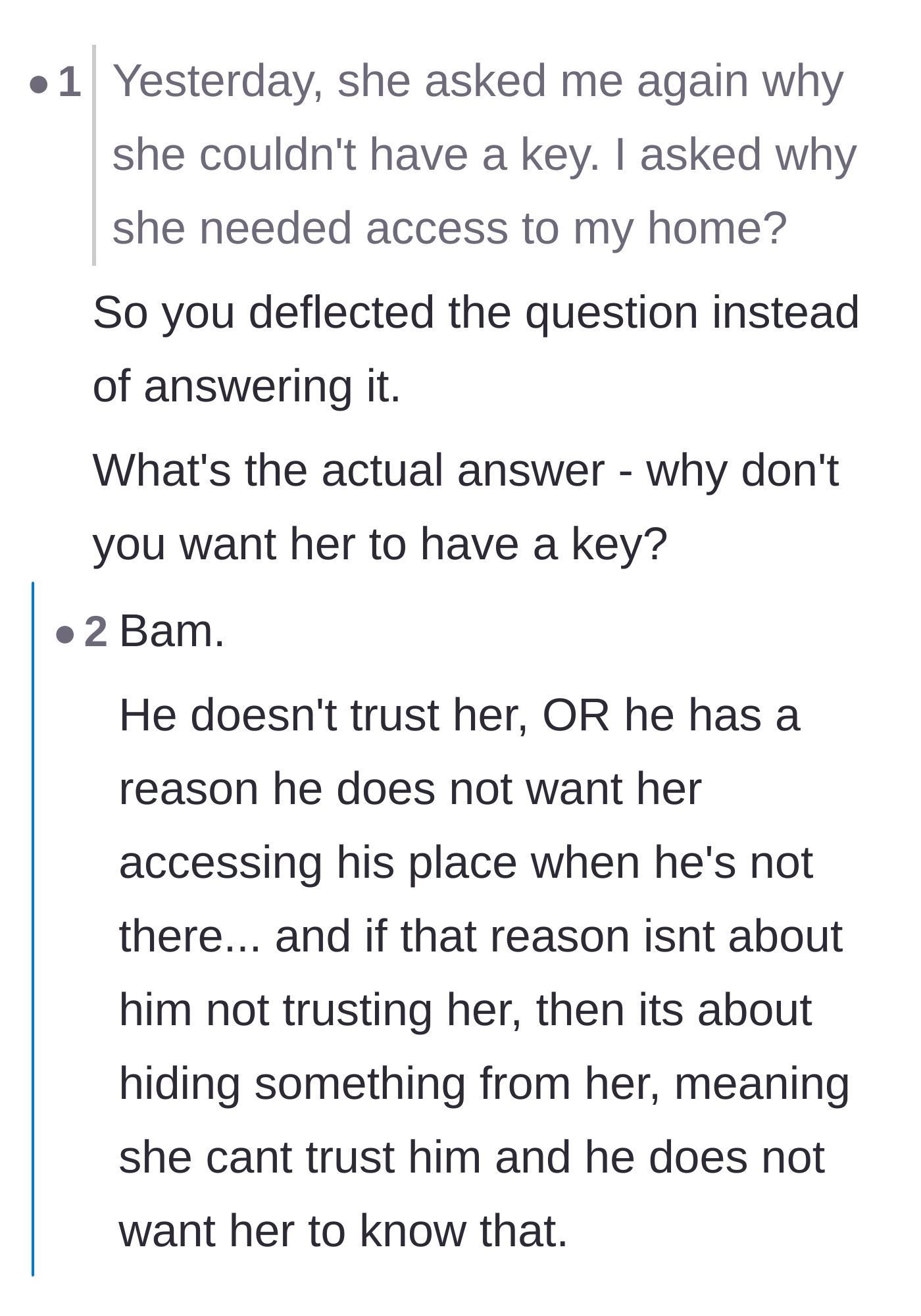 Comment thread 6 - Analysis of the boyfriend's defensive communication and how he deflected her request instead of answering it.