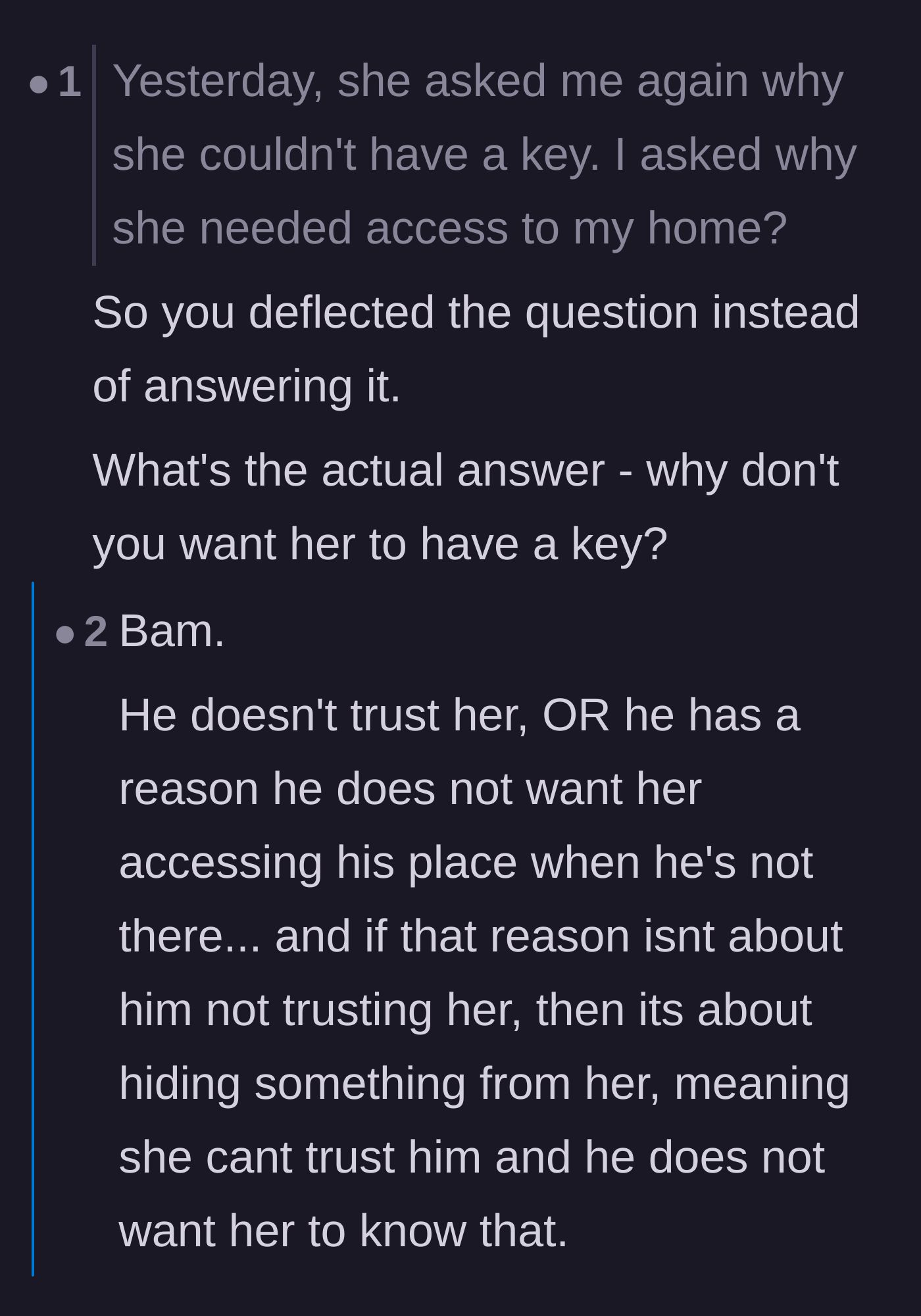 Comment thread 6 - Analysis of the boyfriend's defensive communication and how he deflected her request instead of answering it.