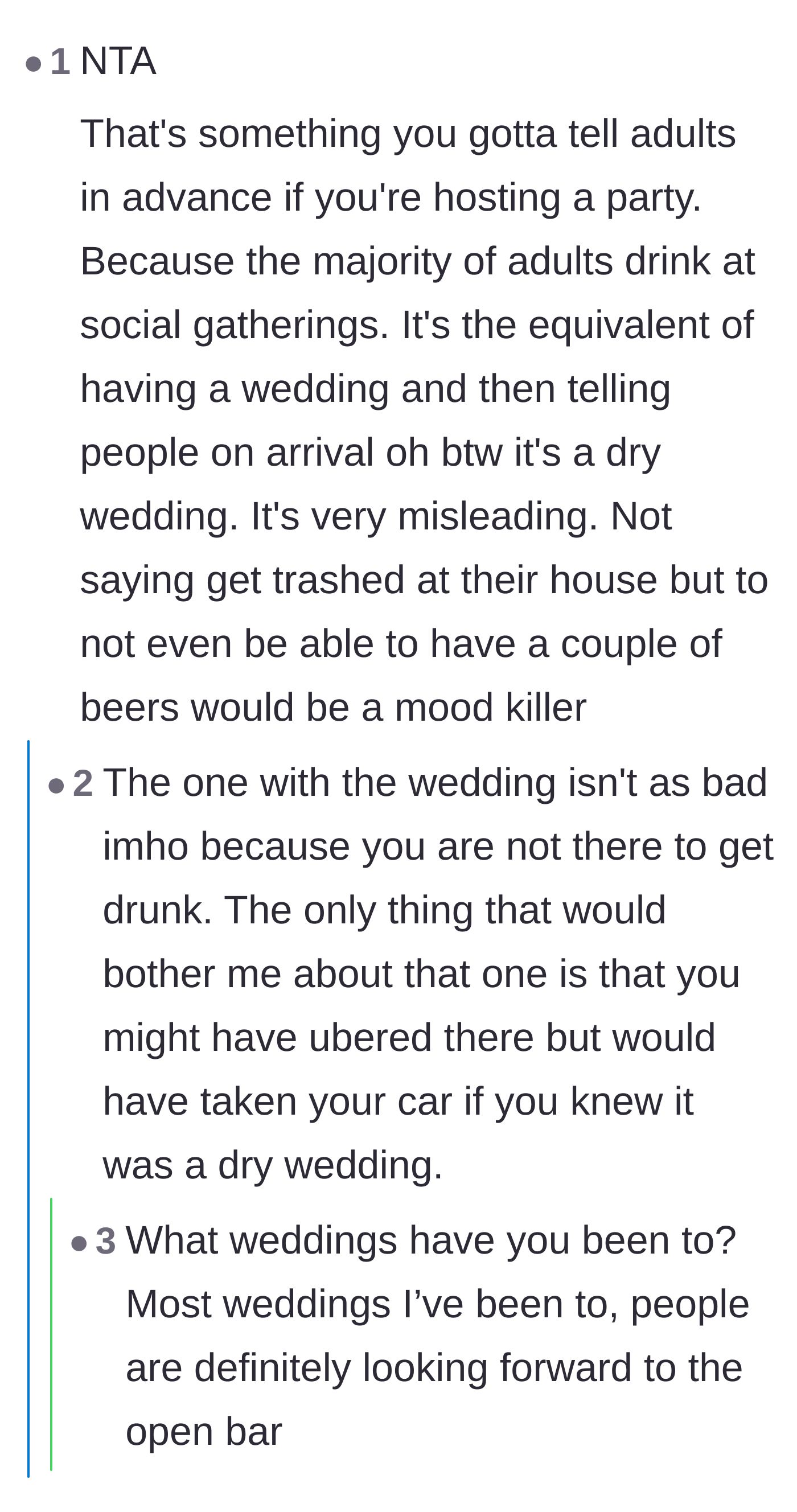Comment thread 1 - Debate comparing a surprise dry party to a surprise dry wedding