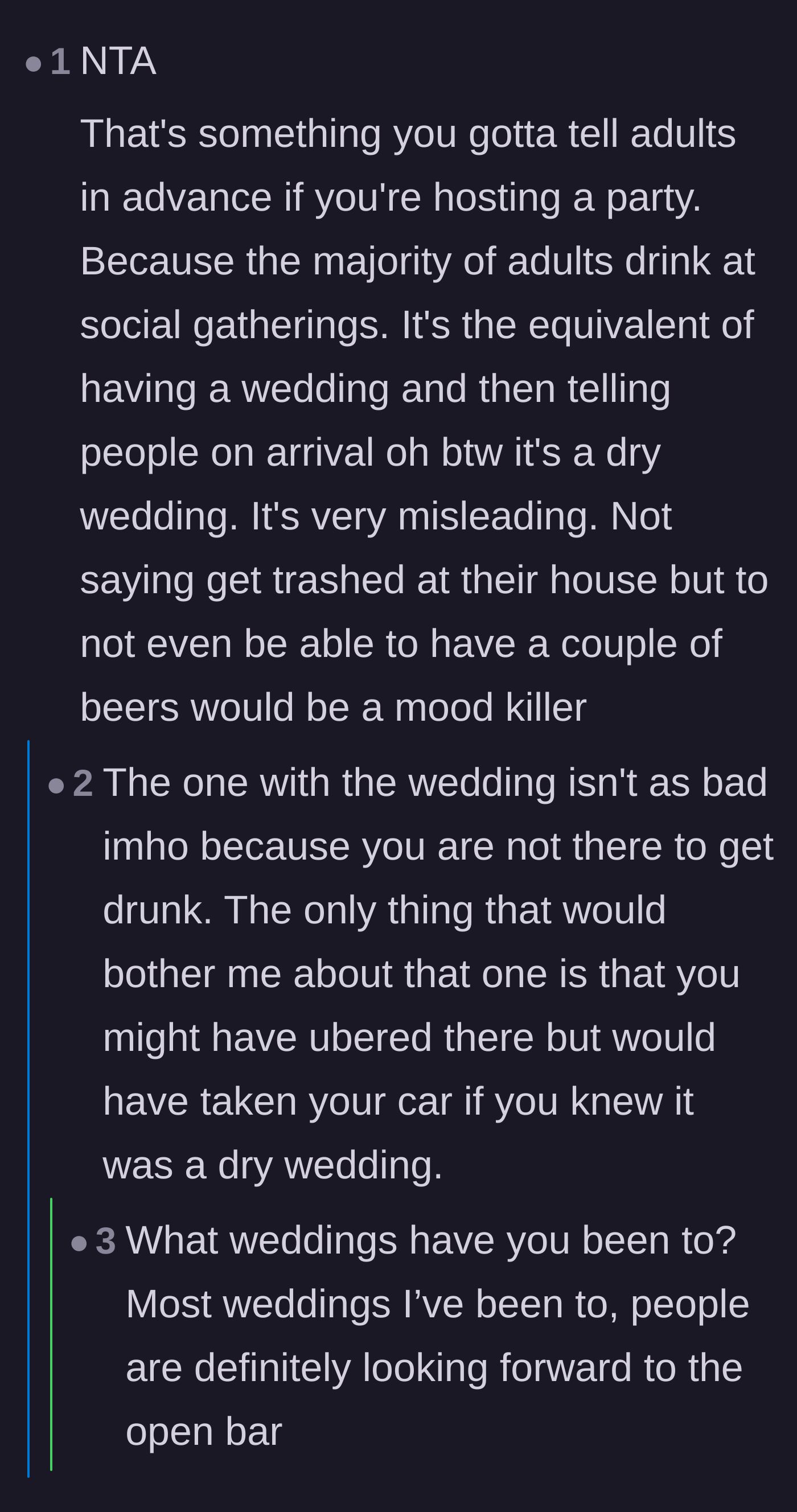 Comment thread 1 - Debate comparing a surprise dry party to a surprise dry wedding