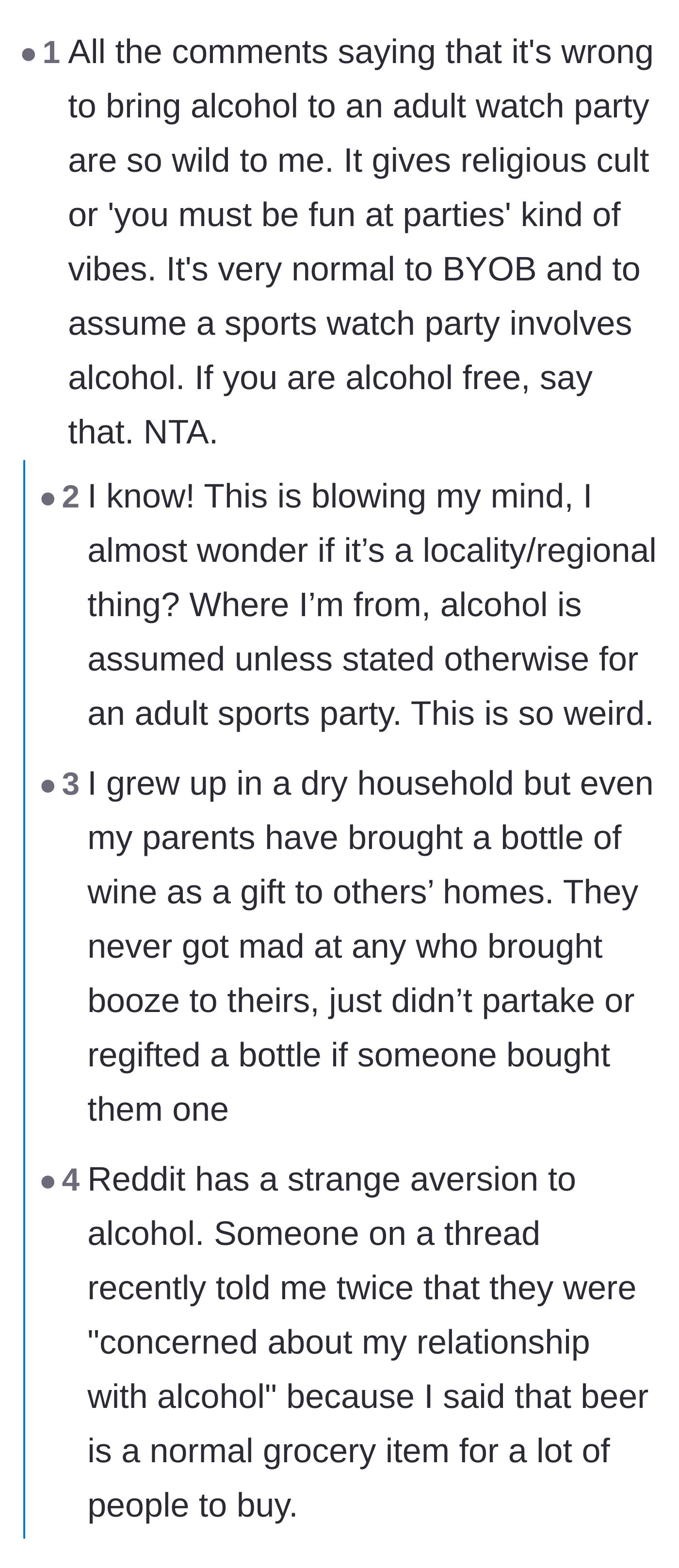 Comment thread 2 - Discussion calling out the puritanical vibe of expecting adults not to drink at a sports party