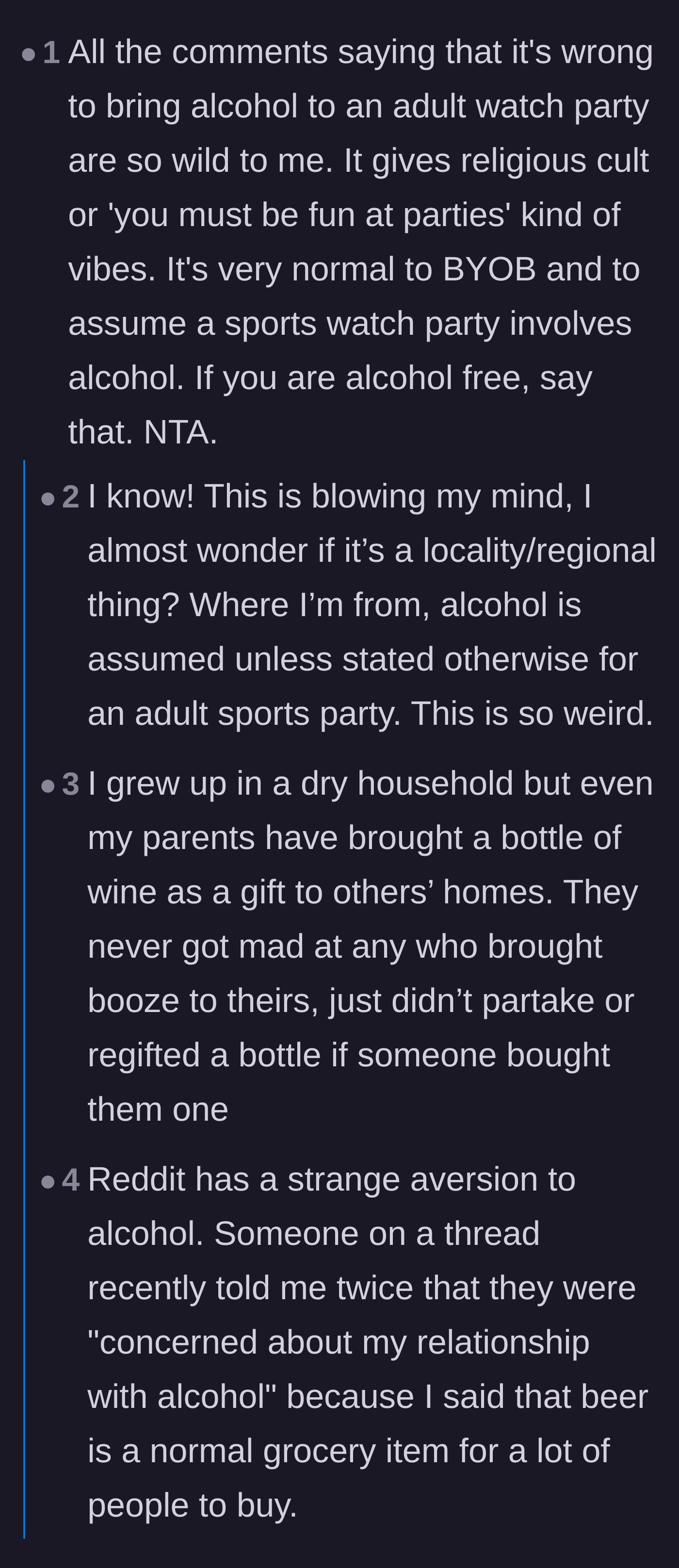 Comment thread 2 - Discussion calling out the puritanical vibe of expecting adults not to drink at a sports party