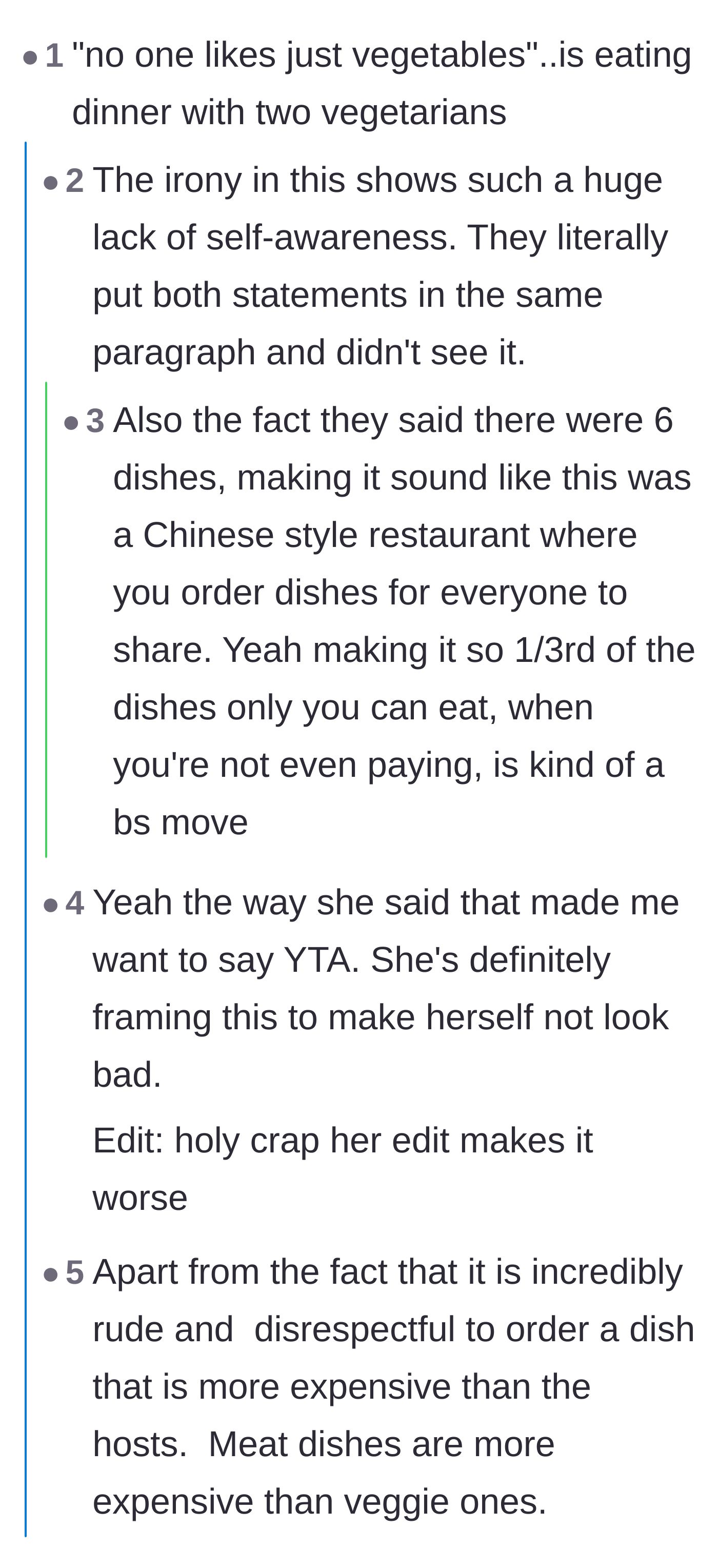 Comment thread 1 - Readers calling out the irony of OP's vegetable comment and the audacity of taking home meat leftovers on a vegetarian host's dime.