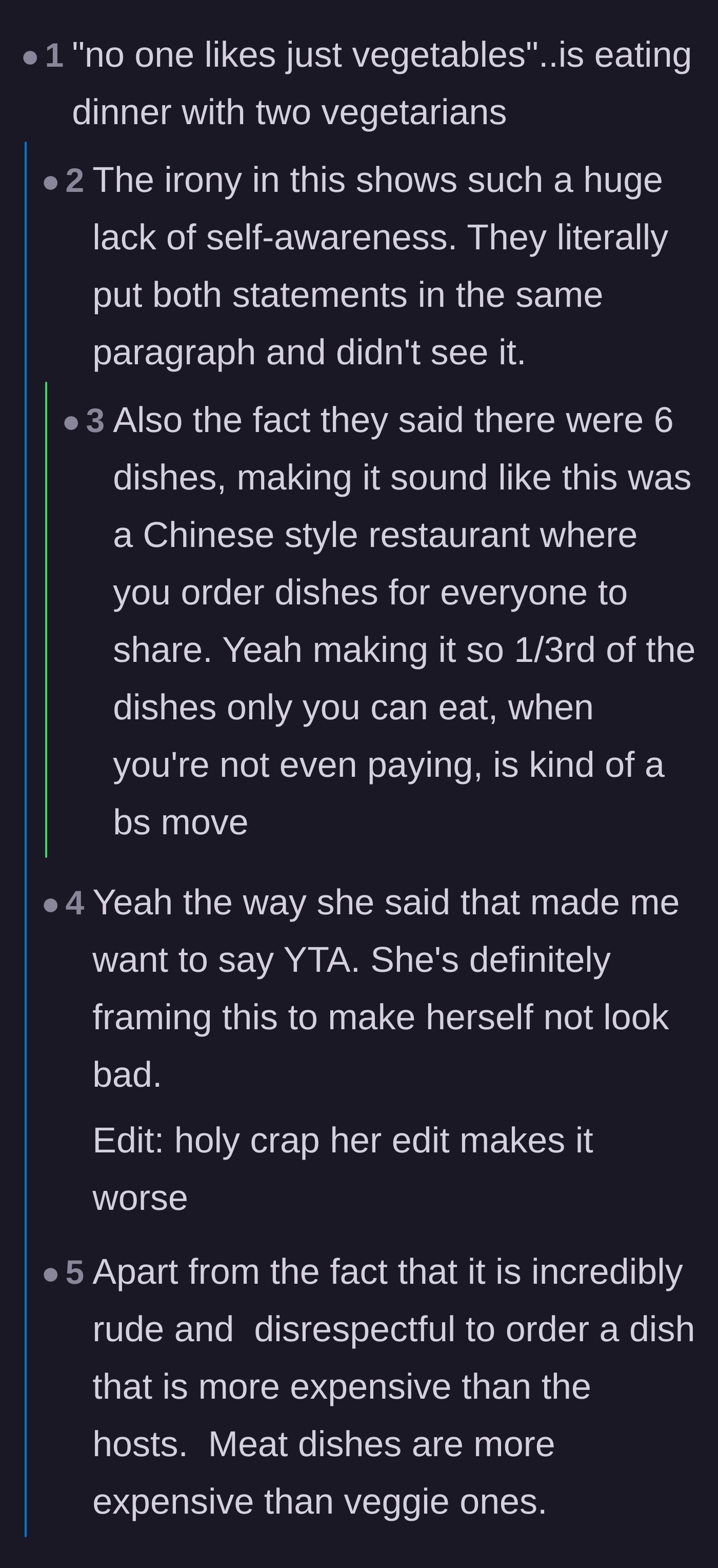 Comment thread 1 - Readers calling out the irony of OP's vegetable comment and the audacity of taking home meat leftovers on a vegetarian host's dime.