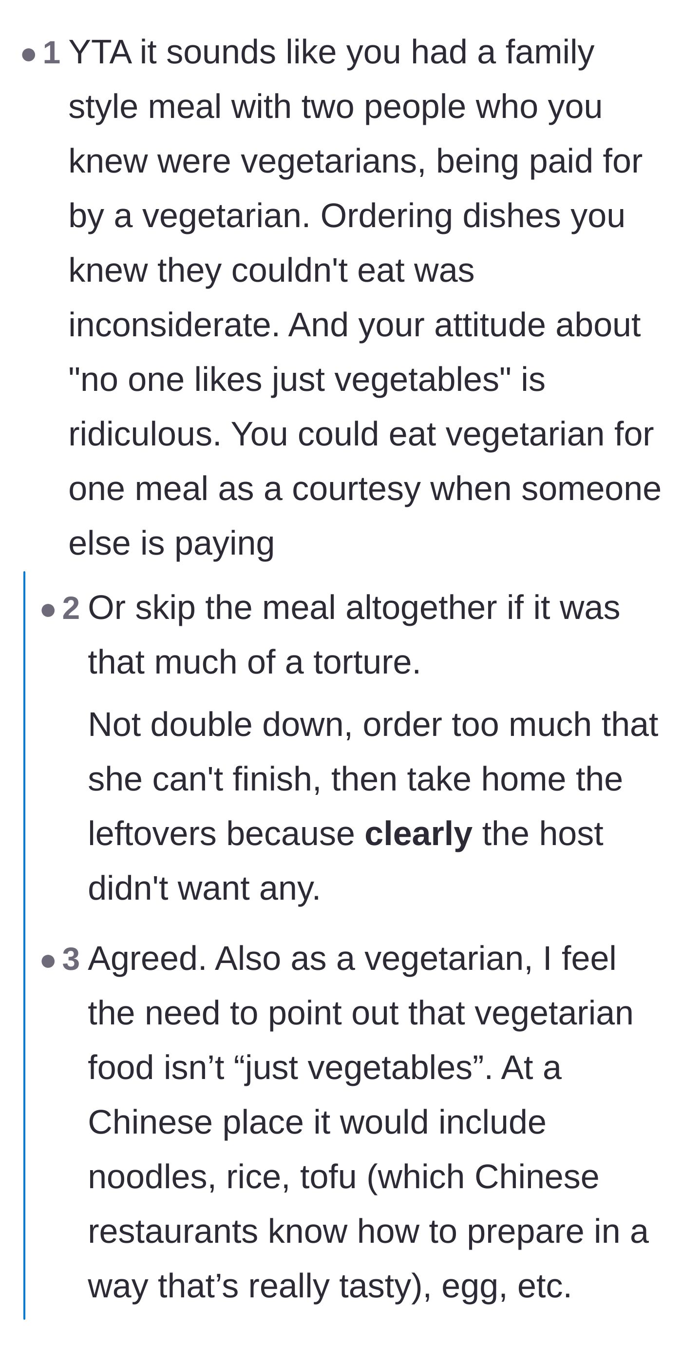Comment thread 2 - Debate over the etiquette of family-style dining and roasting the OP for calling delicious vegetarian Chinese food 'just vegetables.'