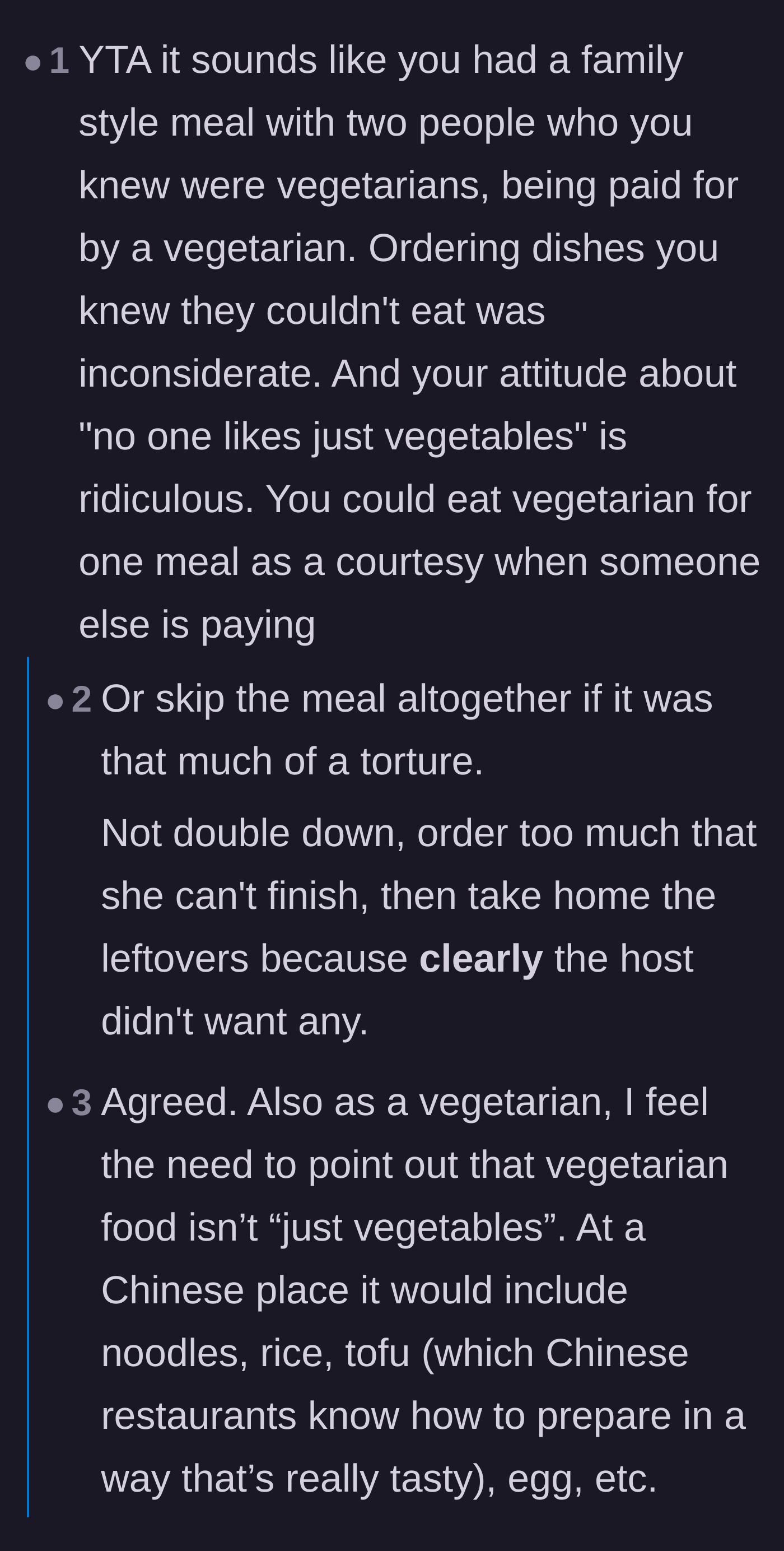 Comment thread 2 - Debate over the etiquette of family-style dining and roasting the OP for calling delicious vegetarian Chinese food 'just vegetables.'