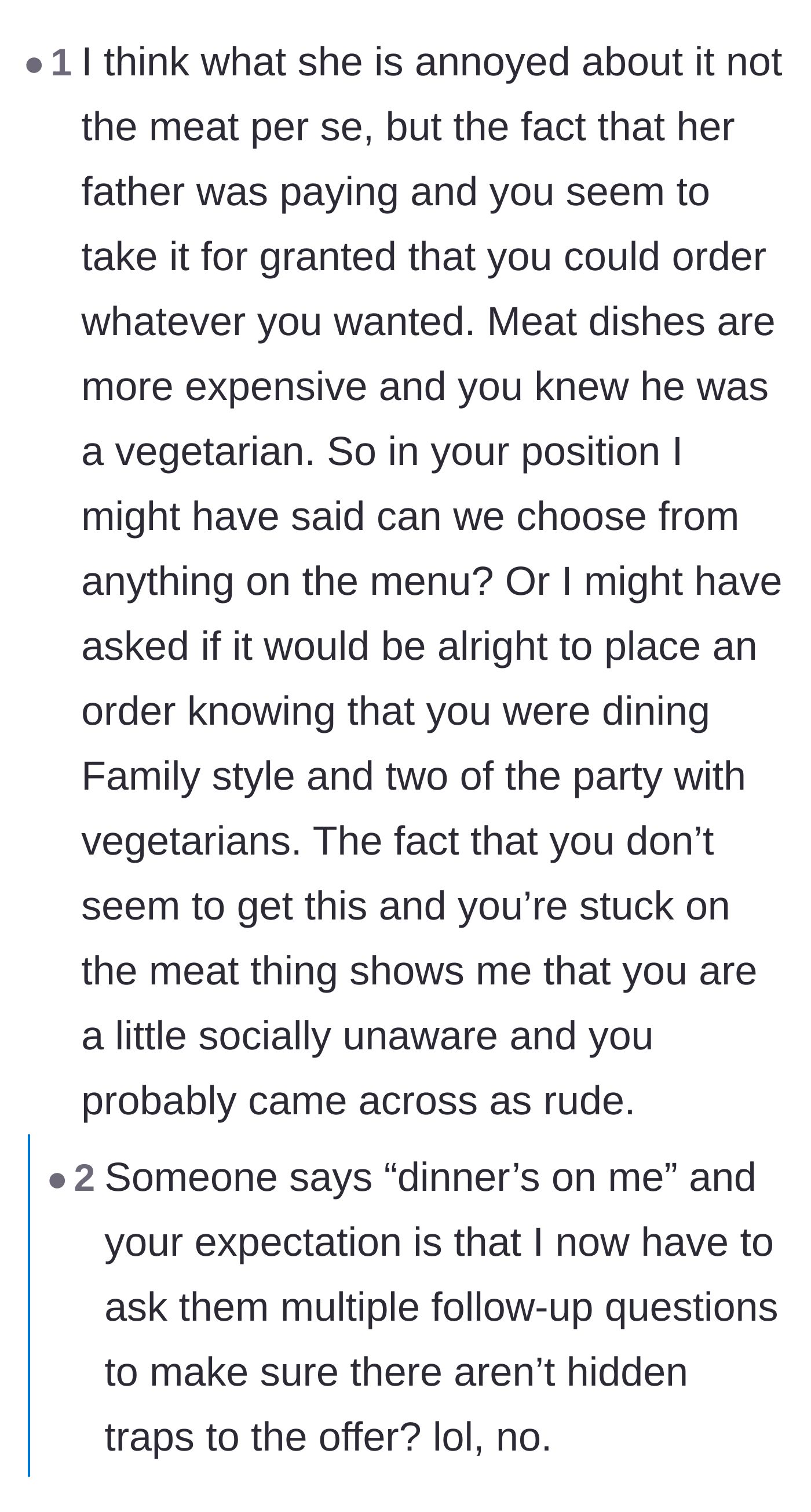 Comment thread 3 - Argument over whether a host offering to pay gives the guest a blank check to order whatever they want.