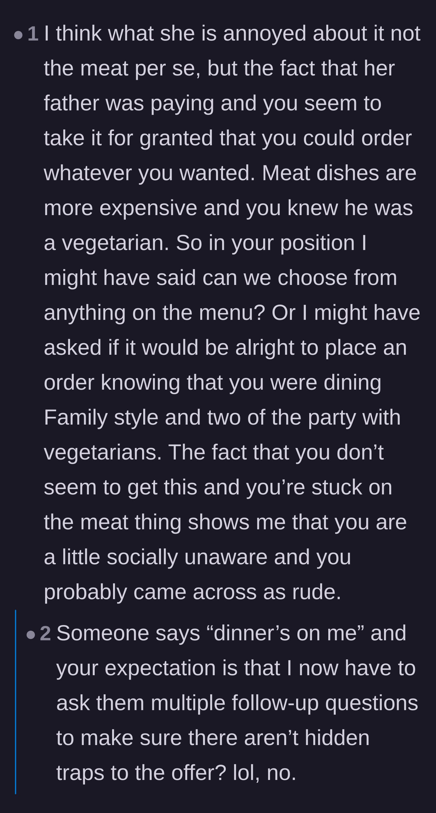 Comment thread 3 - Argument over whether a host offering to pay gives the guest a blank check to order whatever they want.