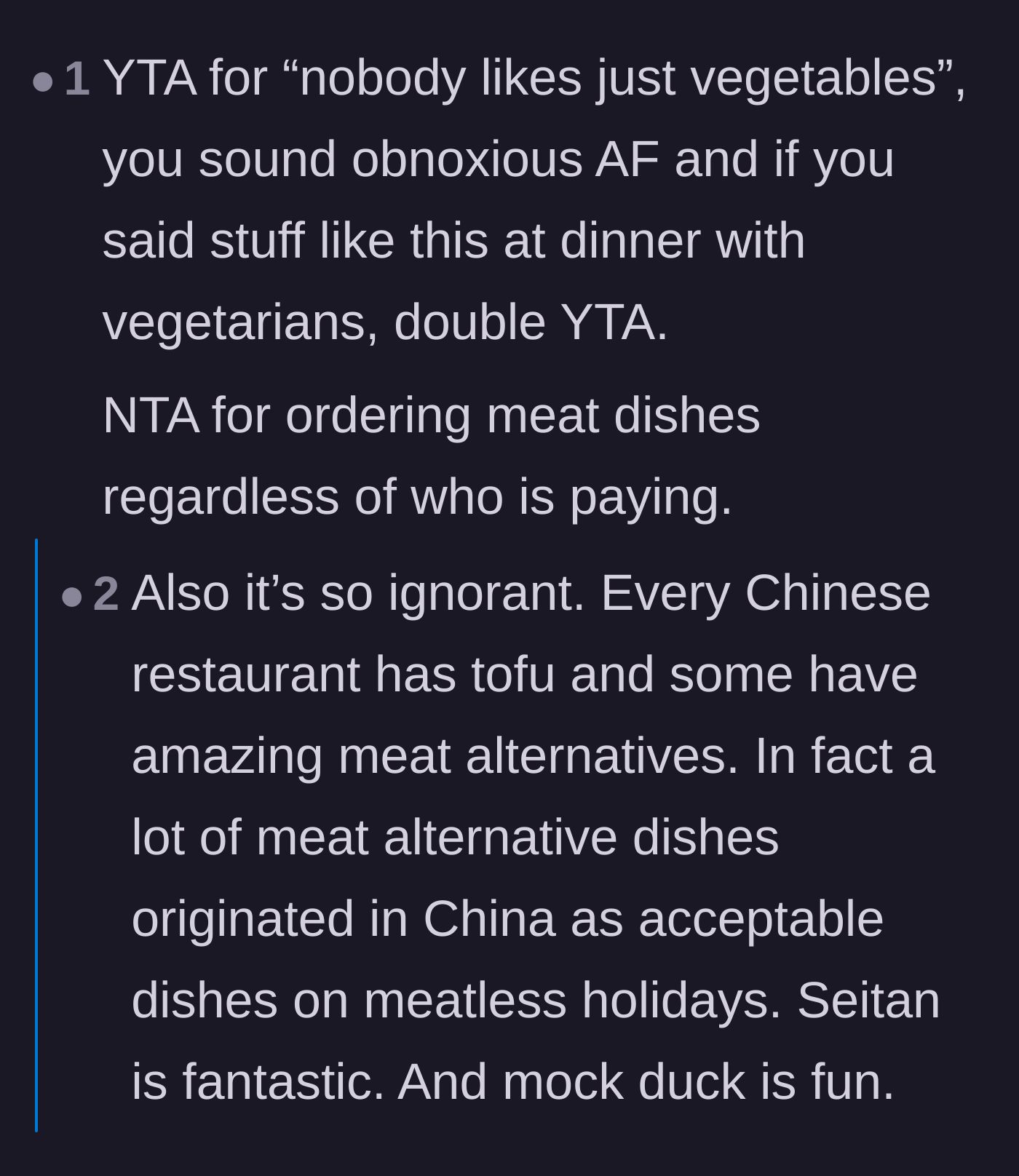 Comment thread 6 - Commenters dragging the guest for being obnoxious and uncultured regarding Chinese vegetarian cuisine.