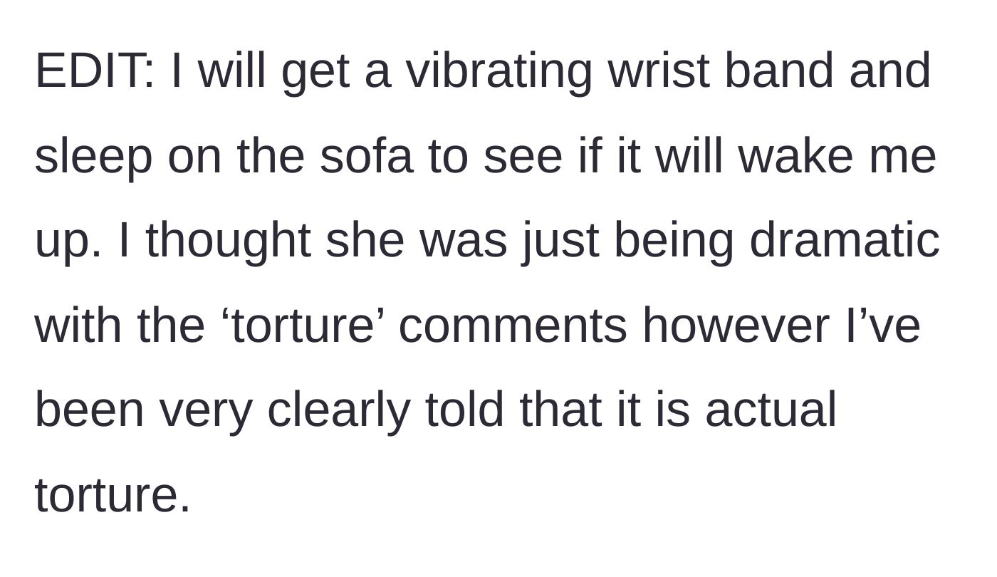 Story part 3 - The boyfriend frantically plans to buy a vibrating alarm and sleep on the sofa, realizing she wasn't exaggerating about the torture.