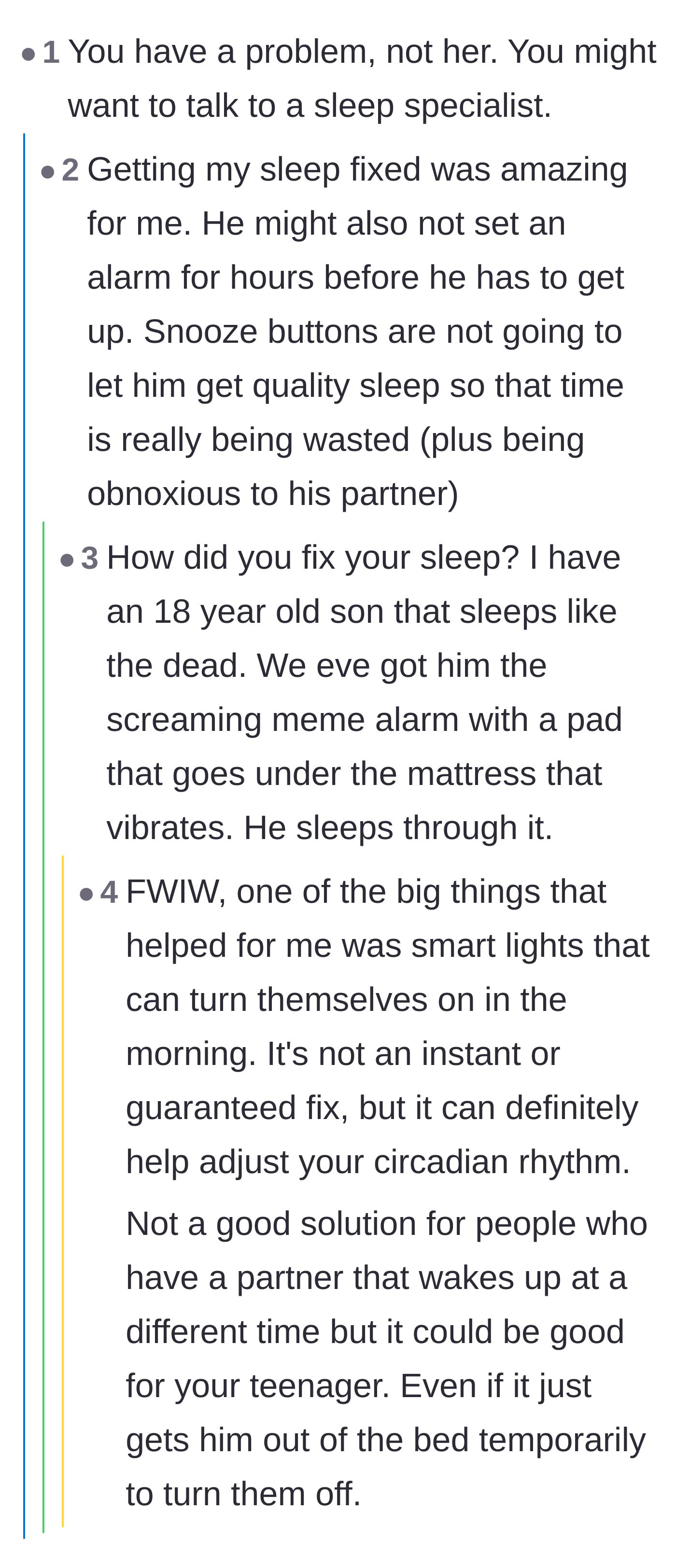 Comment thread 1 - Readers sharing practical advice about sleep specialists, smart lights, and ruling out medical conditions.