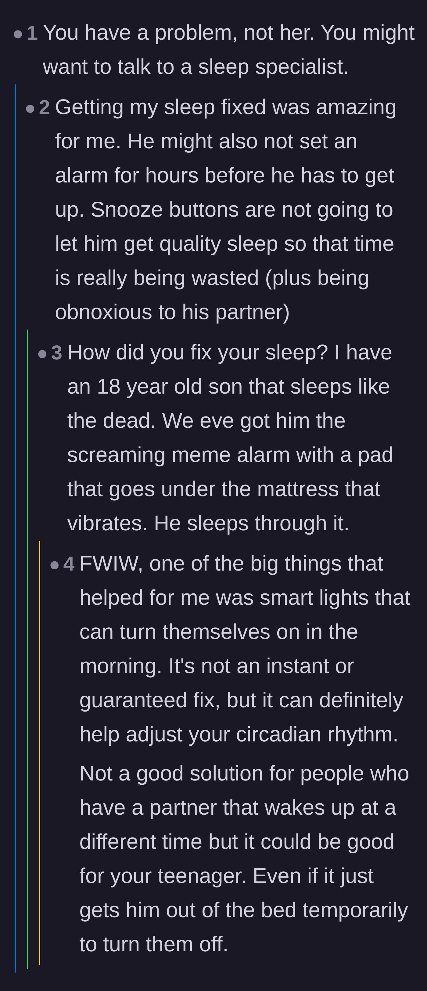 Comment thread 1 - Readers sharing practical advice about sleep specialists, smart lights, and ruling out medical conditions.