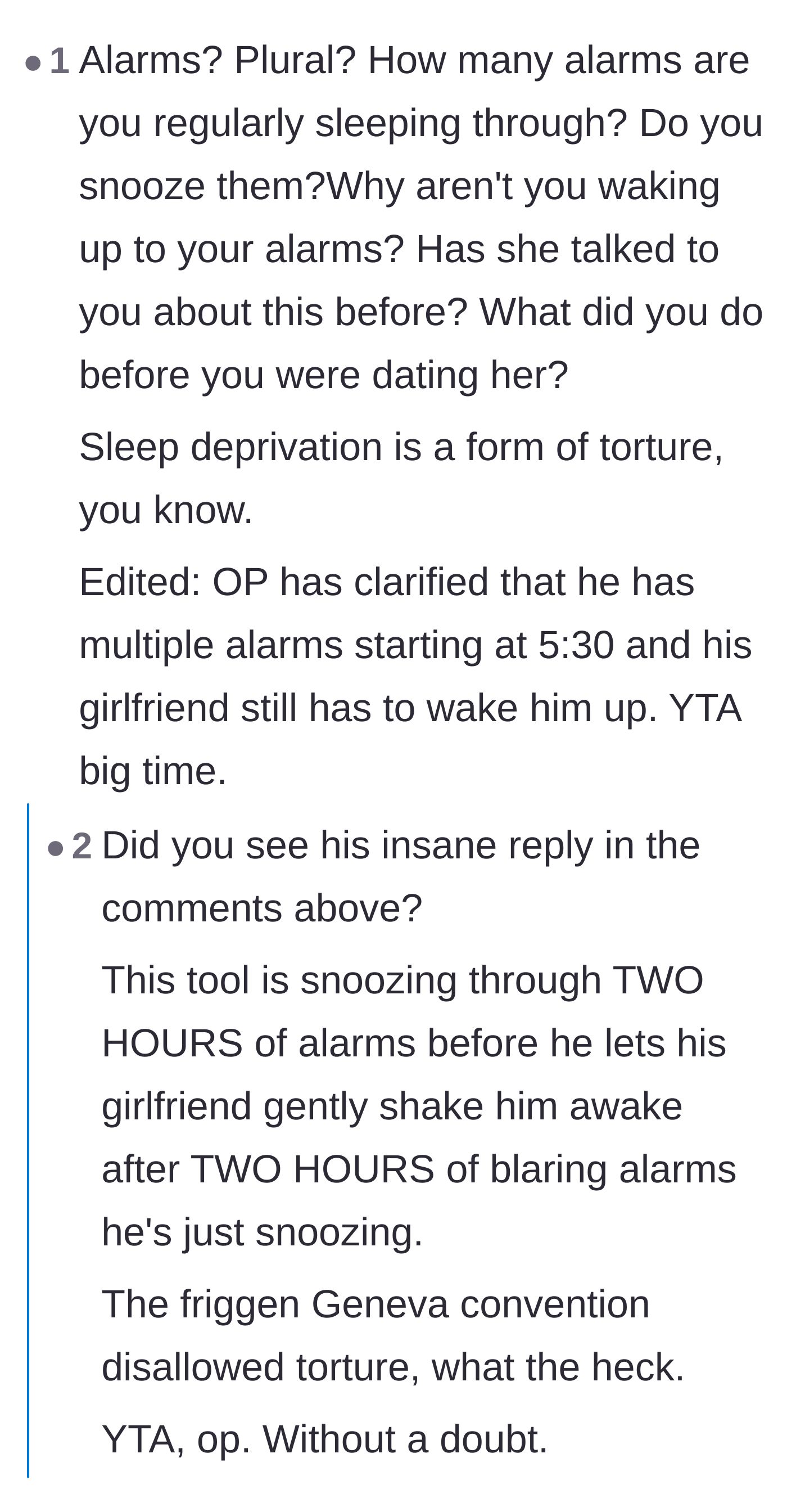 Comment thread 5 - Outraged commenters reacting to the revelation that the alarms went off for two straight hours every morning.
