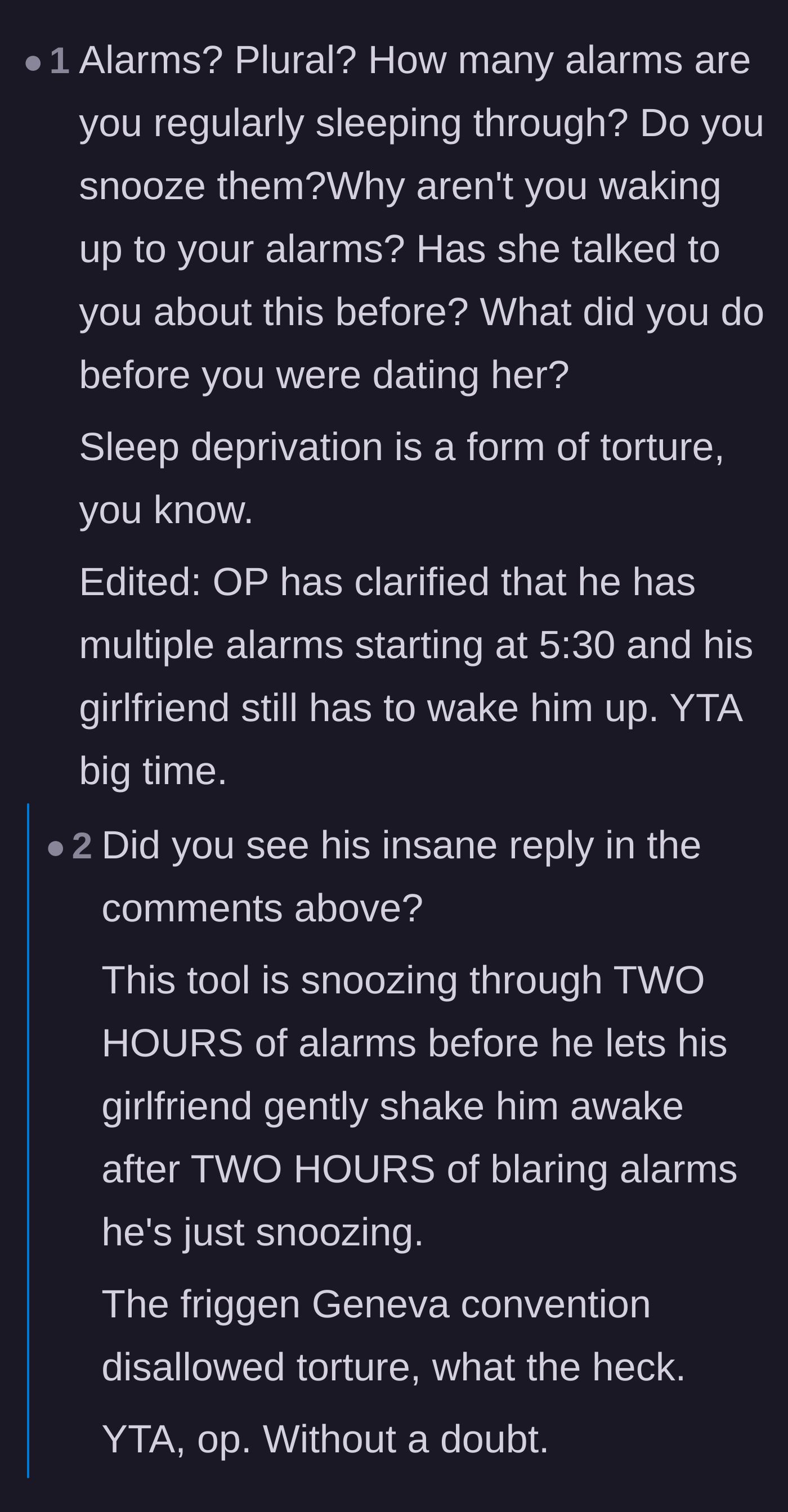 Comment thread 5 - Outraged commenters reacting to the revelation that the alarms went off for two straight hours every morning.