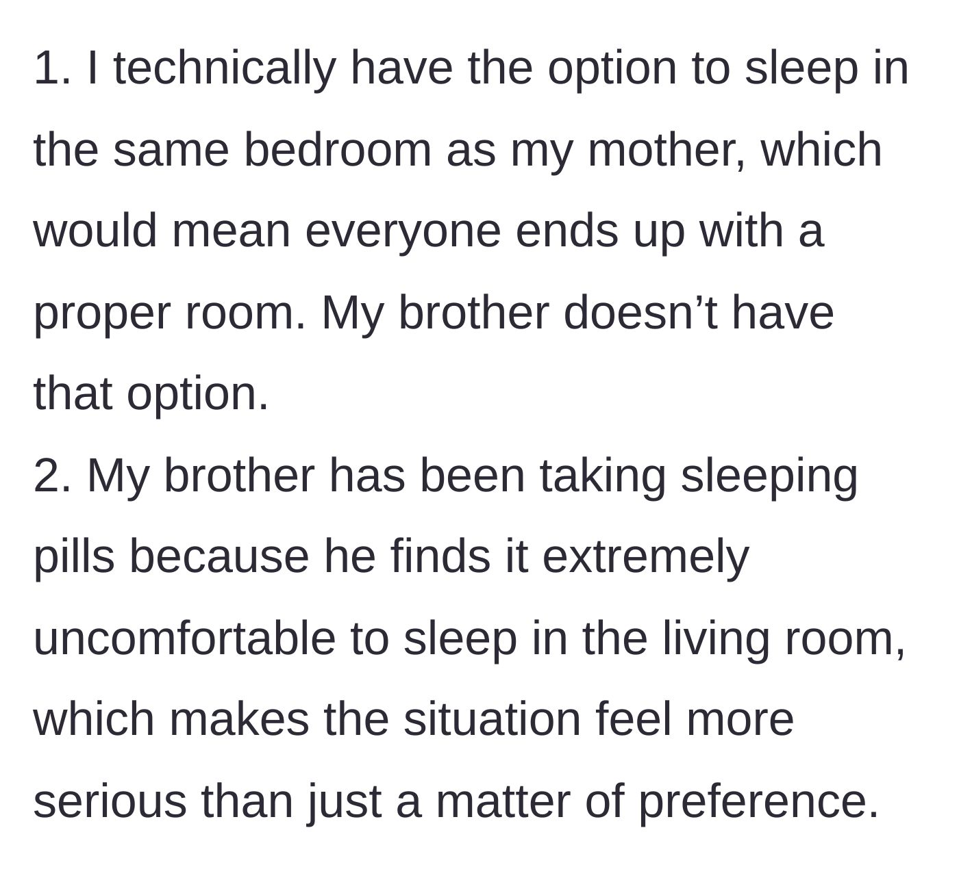 Story part 6 - Final edits revealing the daughter could share the mother's room and the brother is taking sleeping pills for discomfort.