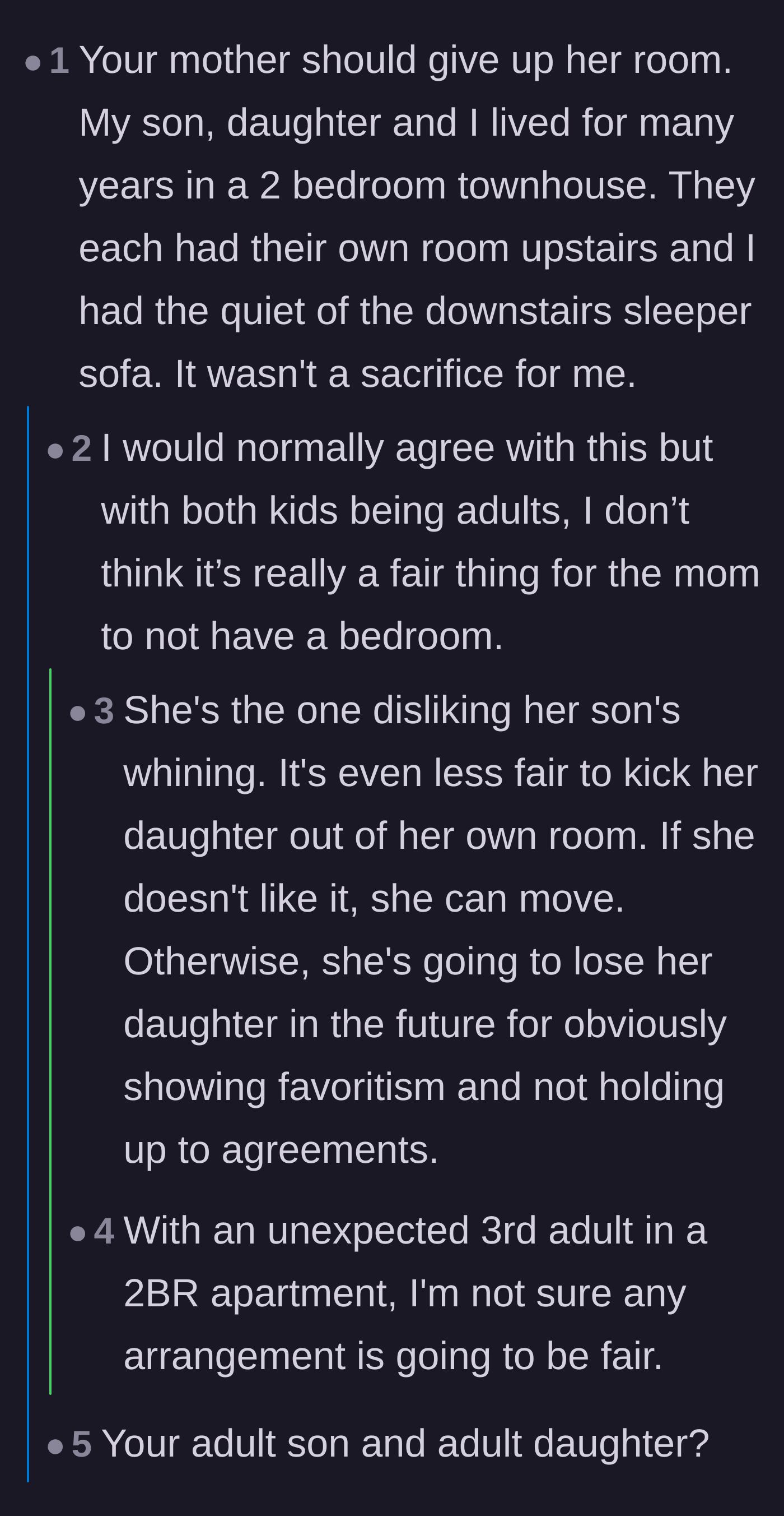 Comment thread 2 - Debate over whether the mother should sacrifice her own bedroom for her adult kids