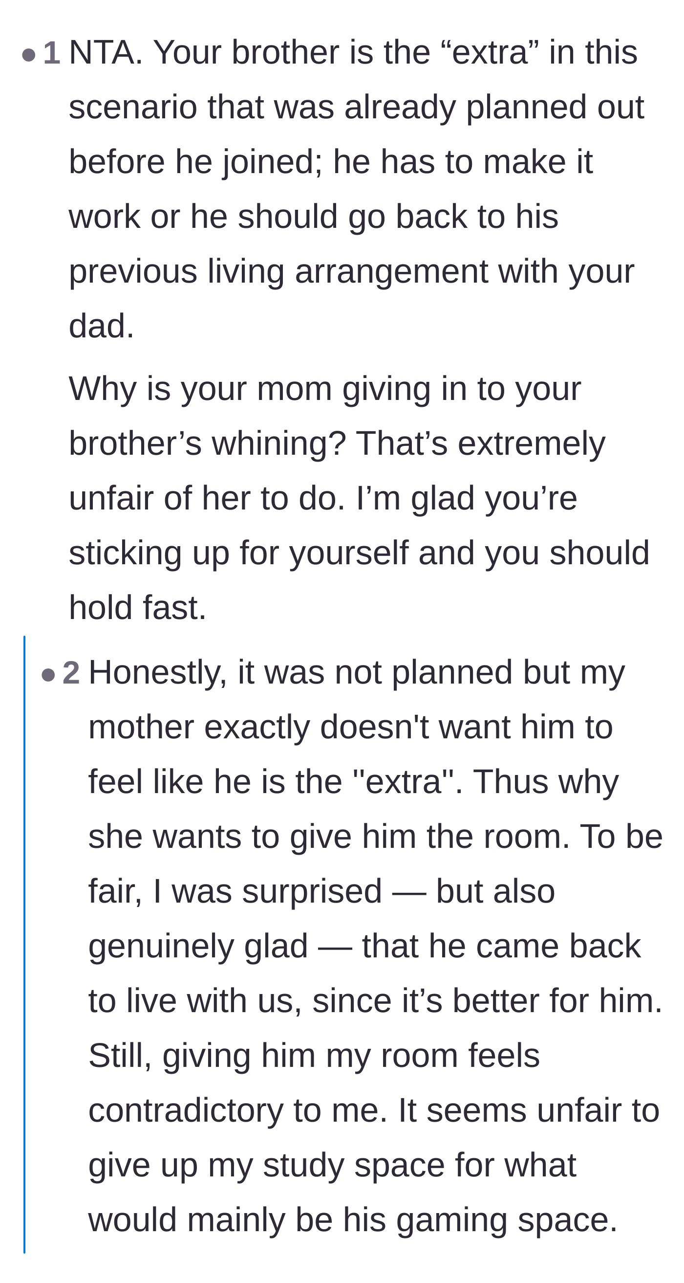 Comment thread 3 - Discussion on how the brother is a late addition and shouldn't disrupt established living arrangements