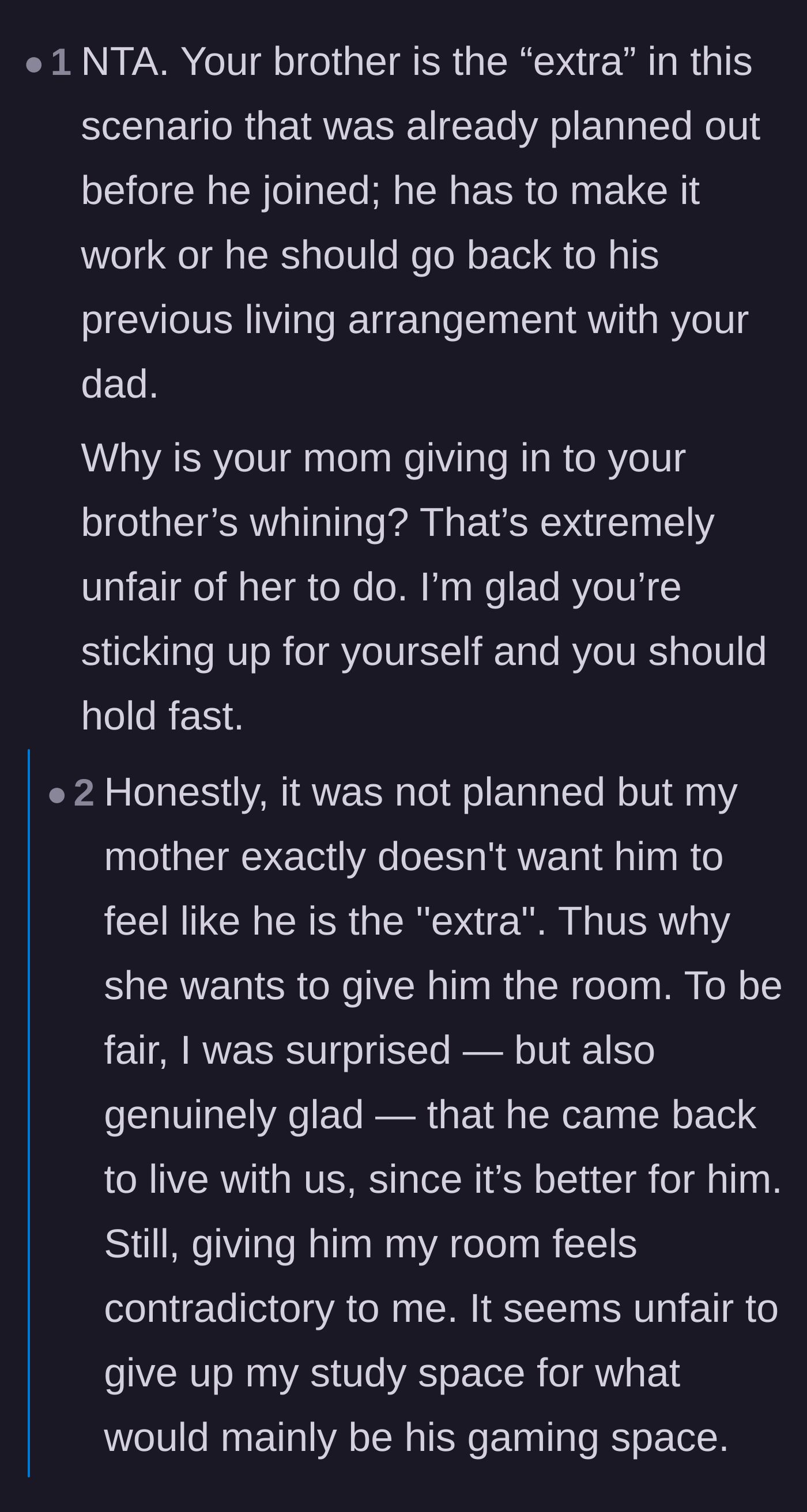Comment thread 3 - Discussion on how the brother is a late addition and shouldn't disrupt established living arrangements