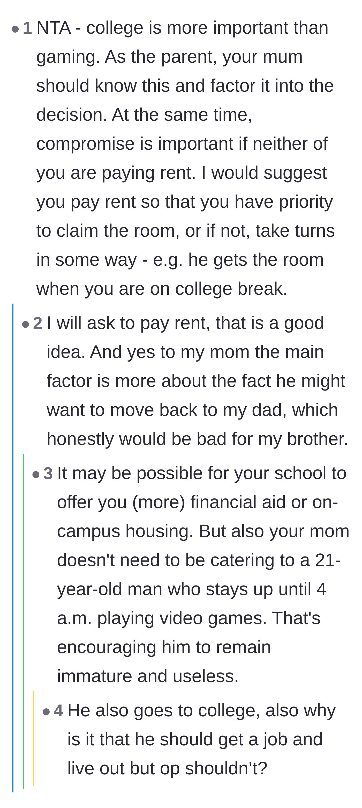 Comment thread 6 - Practical advice suggesting the sister pay rent to legally secure her claim to the bedroom