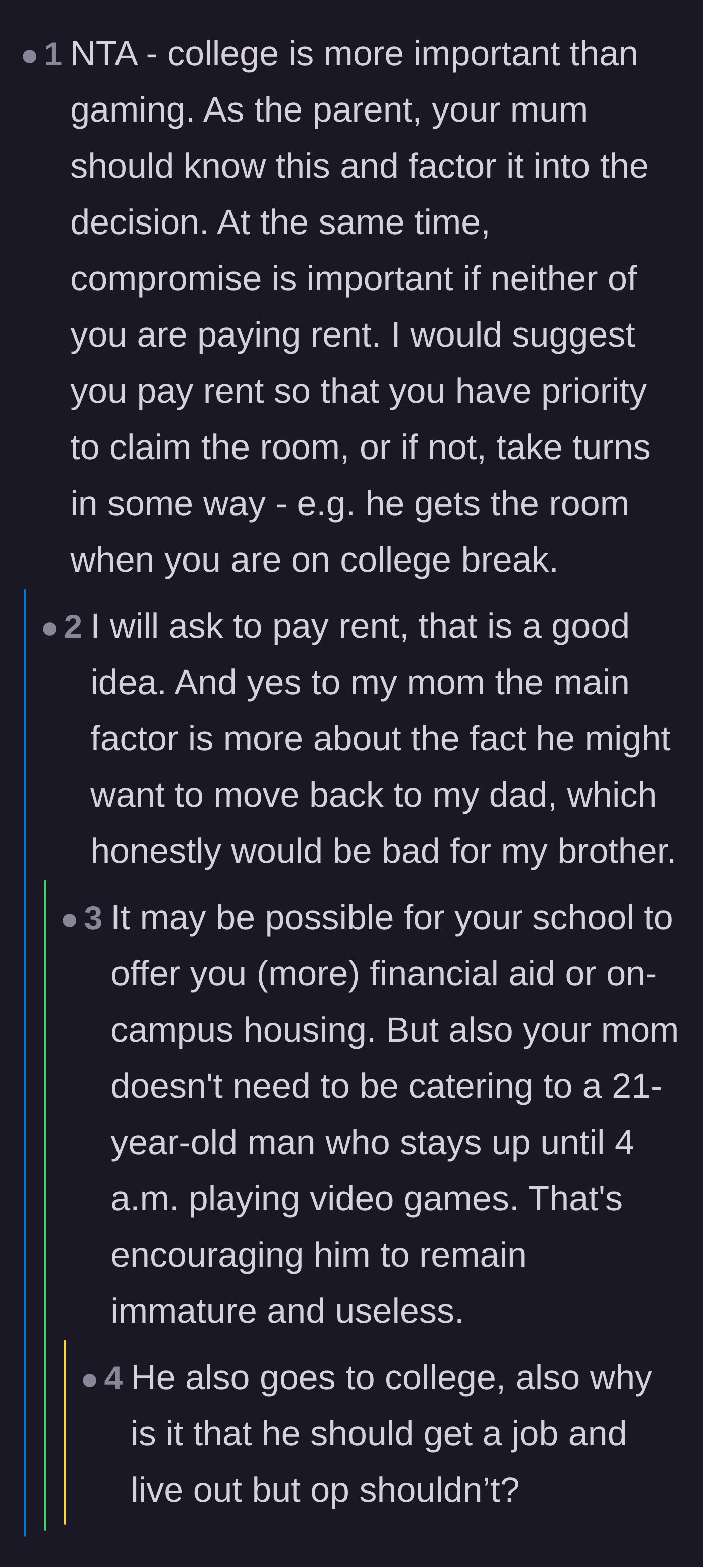 Comment thread 6 - Practical advice suggesting the sister pay rent to legally secure her claim to the bedroom