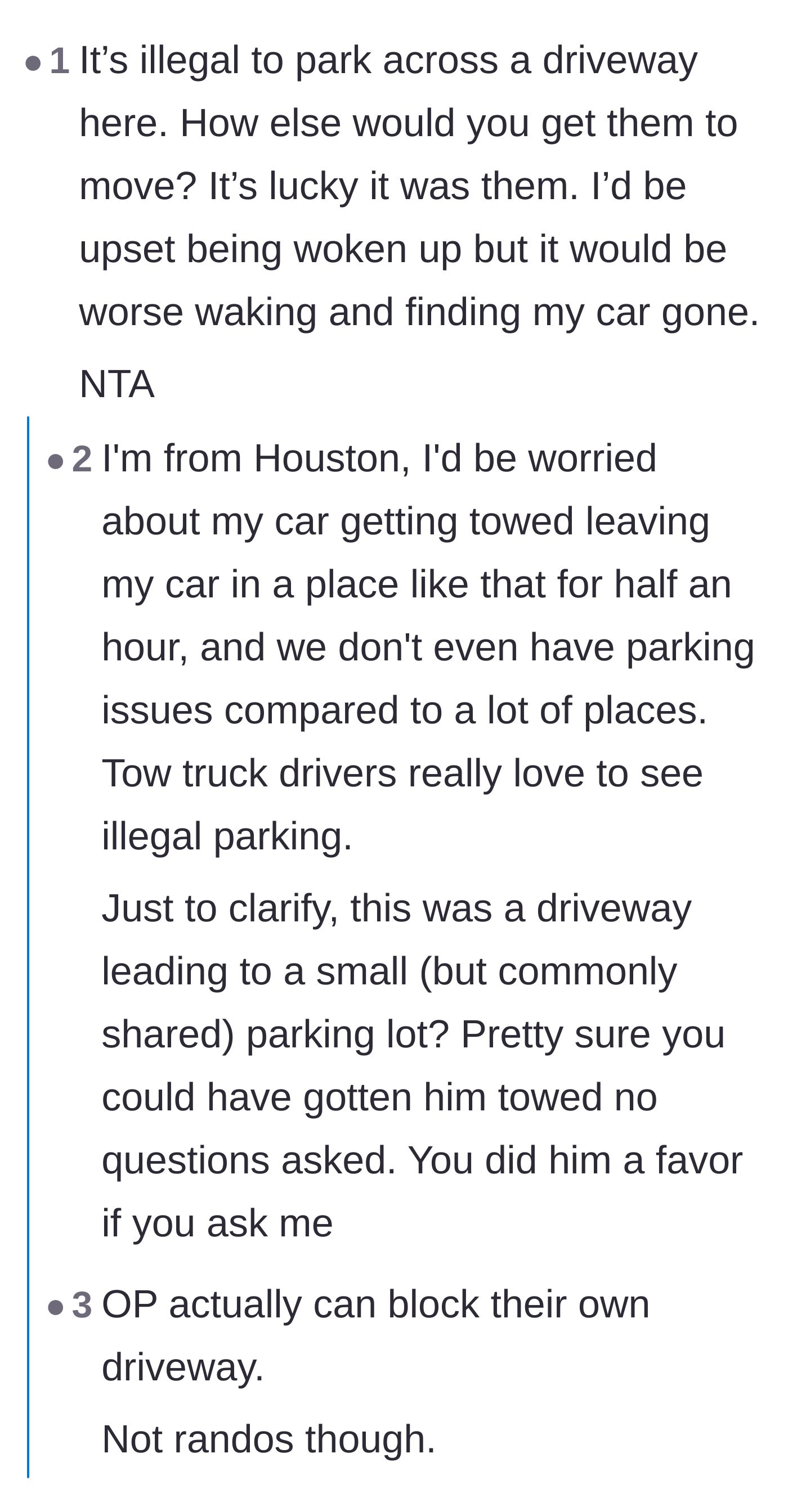 Comment thread 1 - A discussion about local towing laws and the ruthless efficiency of tow trucks.