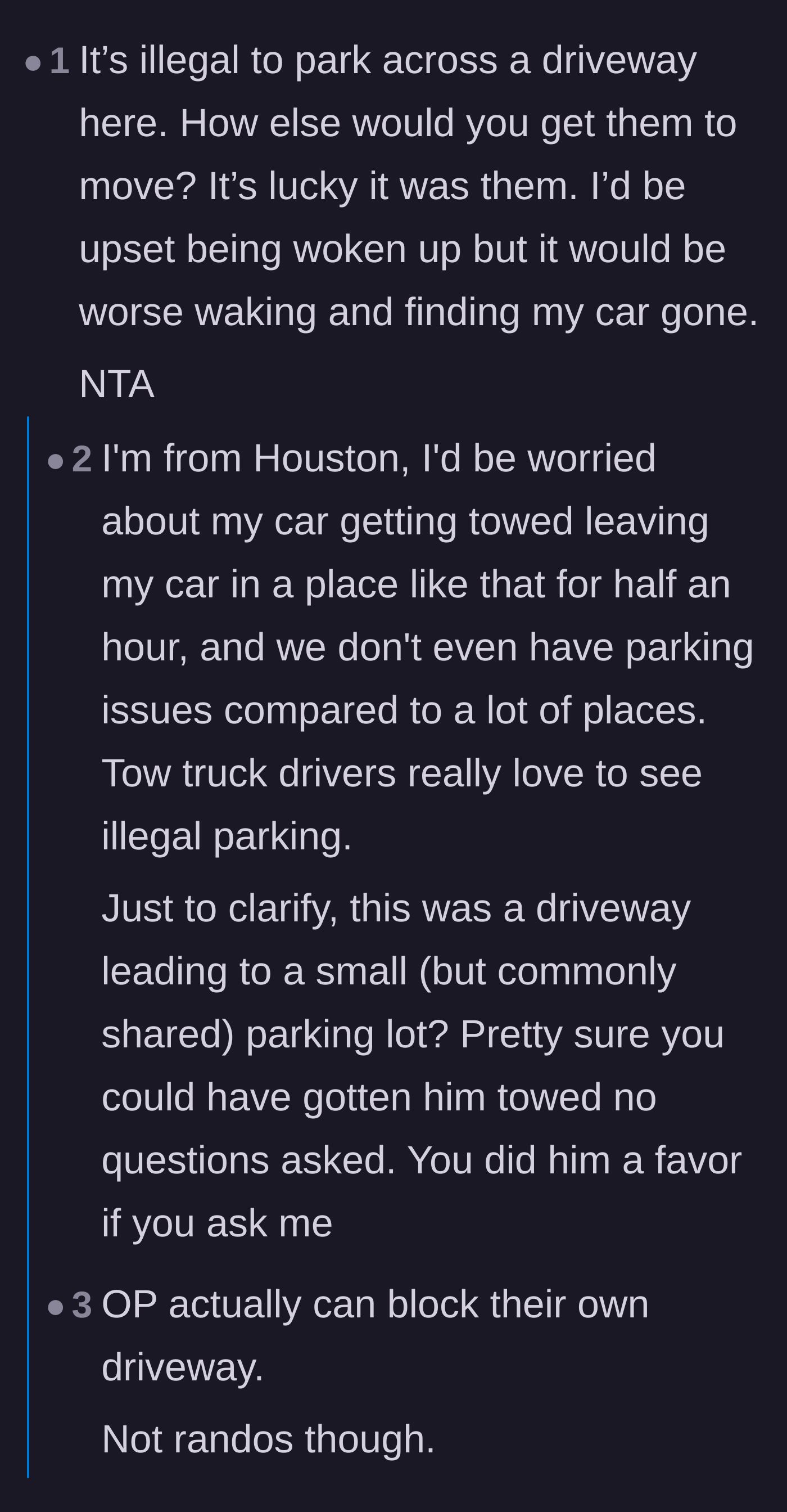 Comment thread 1 - A discussion about local towing laws and the ruthless efficiency of tow trucks.