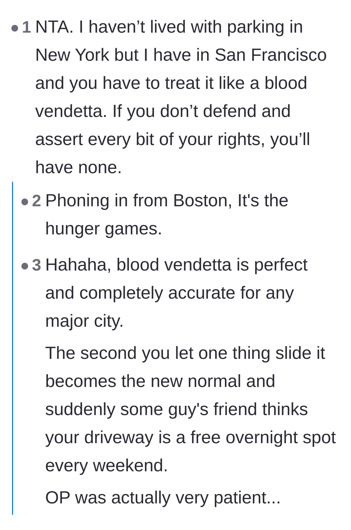 Comment thread 3 - A debate comparing major city street parking to a brutal fight for survival.