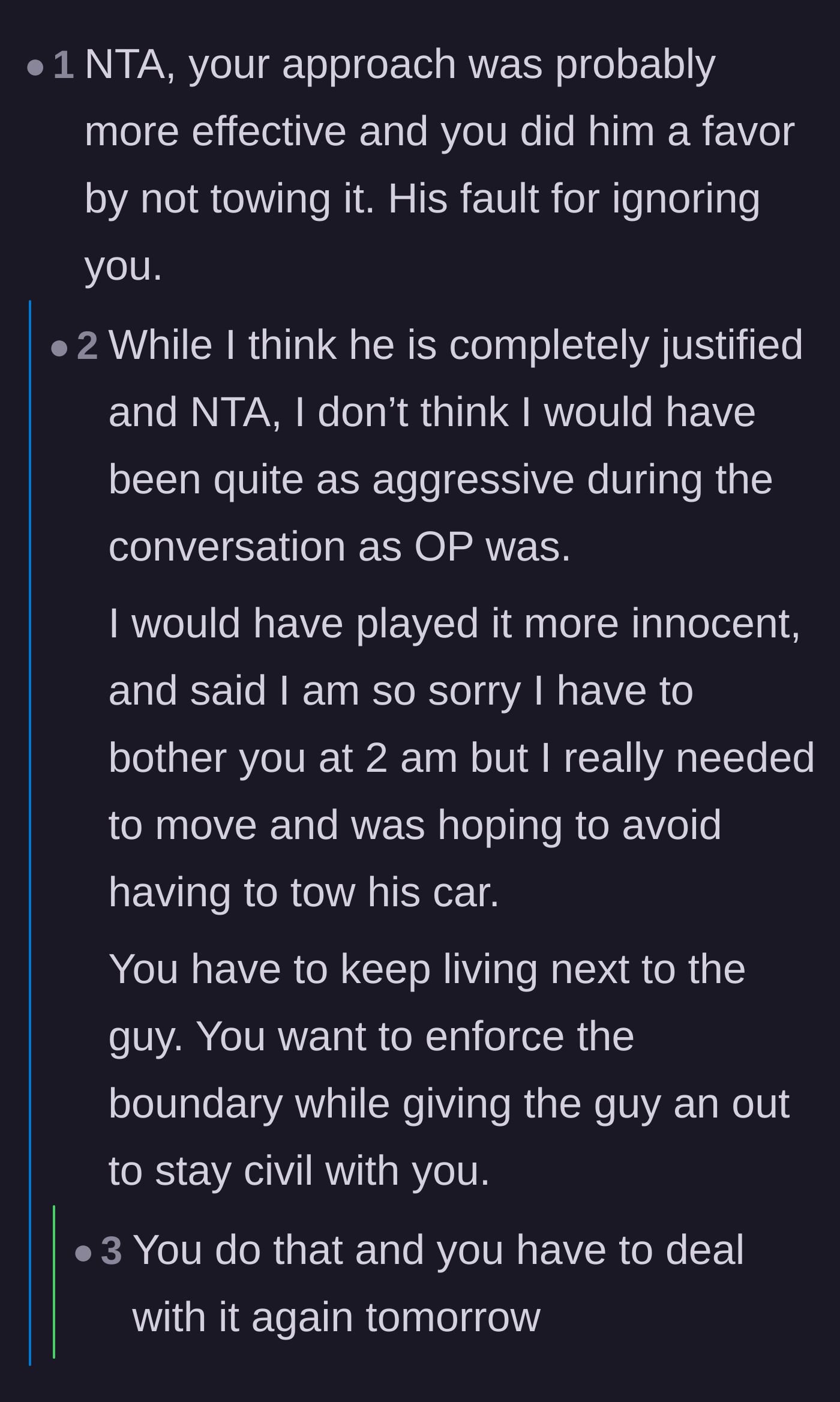 Comment thread 5 - A discussion on whether to play nice or be assertive when confronting disrespectful neighbors.