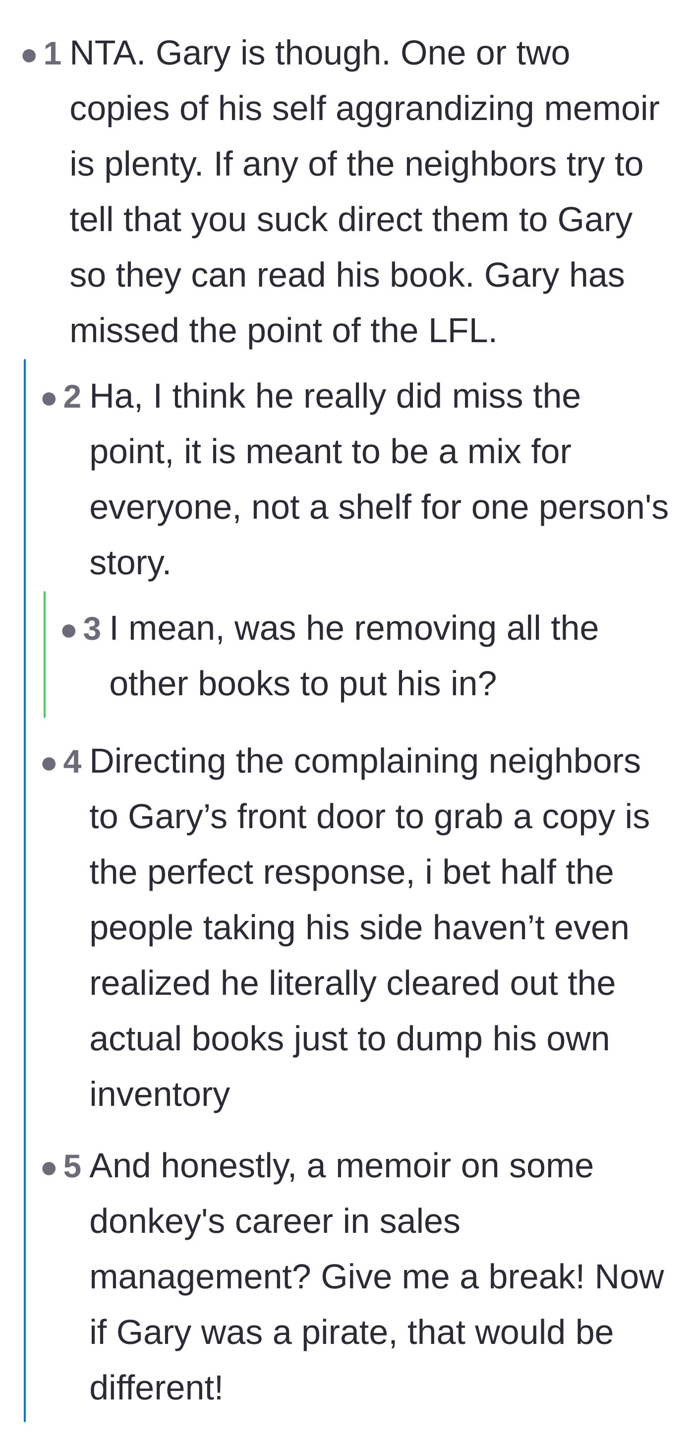 Comment thread 1 - Readers realizing Gary likely threw away actual community book donations to make room for his memoirs.