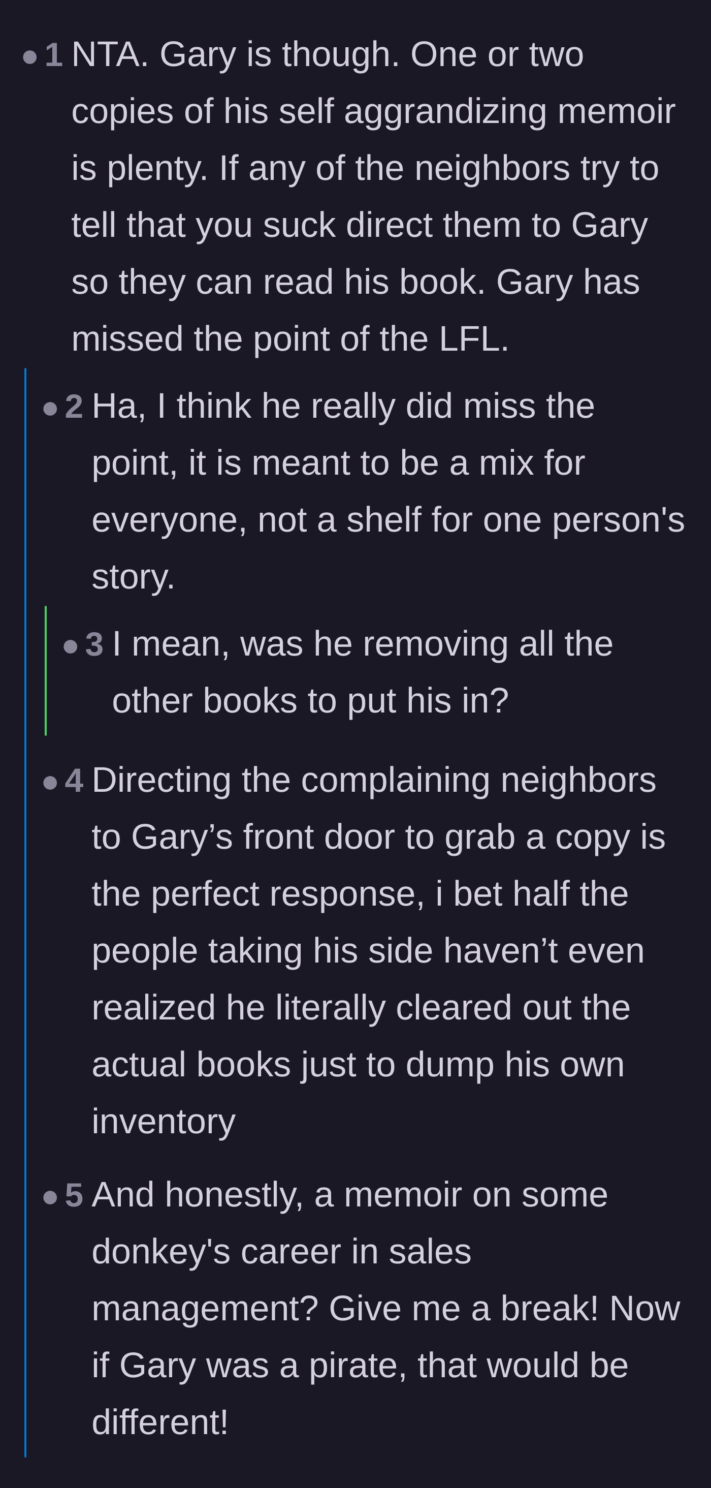 Comment thread 1 - Readers realizing Gary likely threw away actual community book donations to make room for his memoirs.