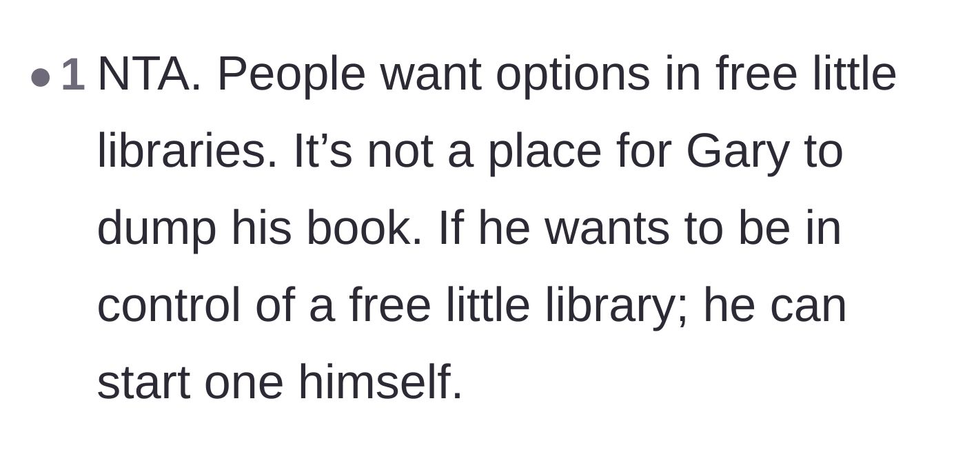 Comment thread 3 - A straightforward take arguing that little free libraries rely on variety and Gary should build his own.