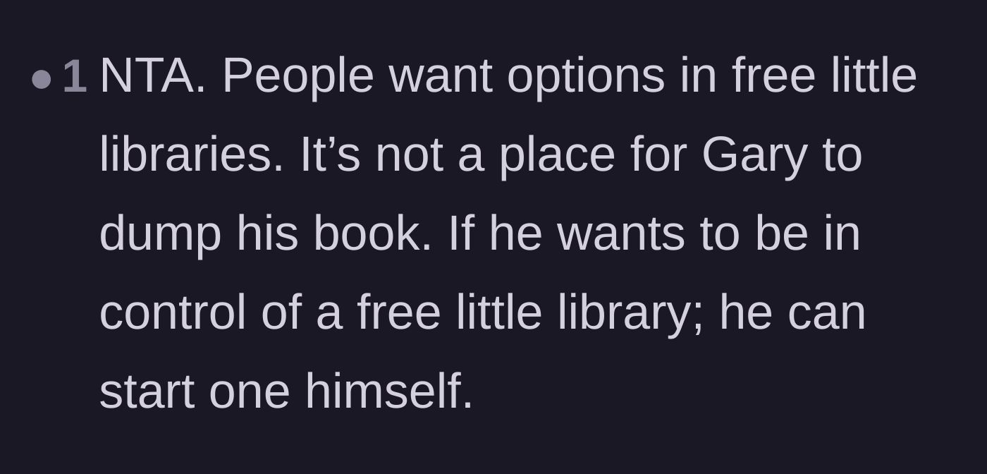 Comment thread 3 - A straightforward take arguing that little free libraries rely on variety and Gary should build his own.