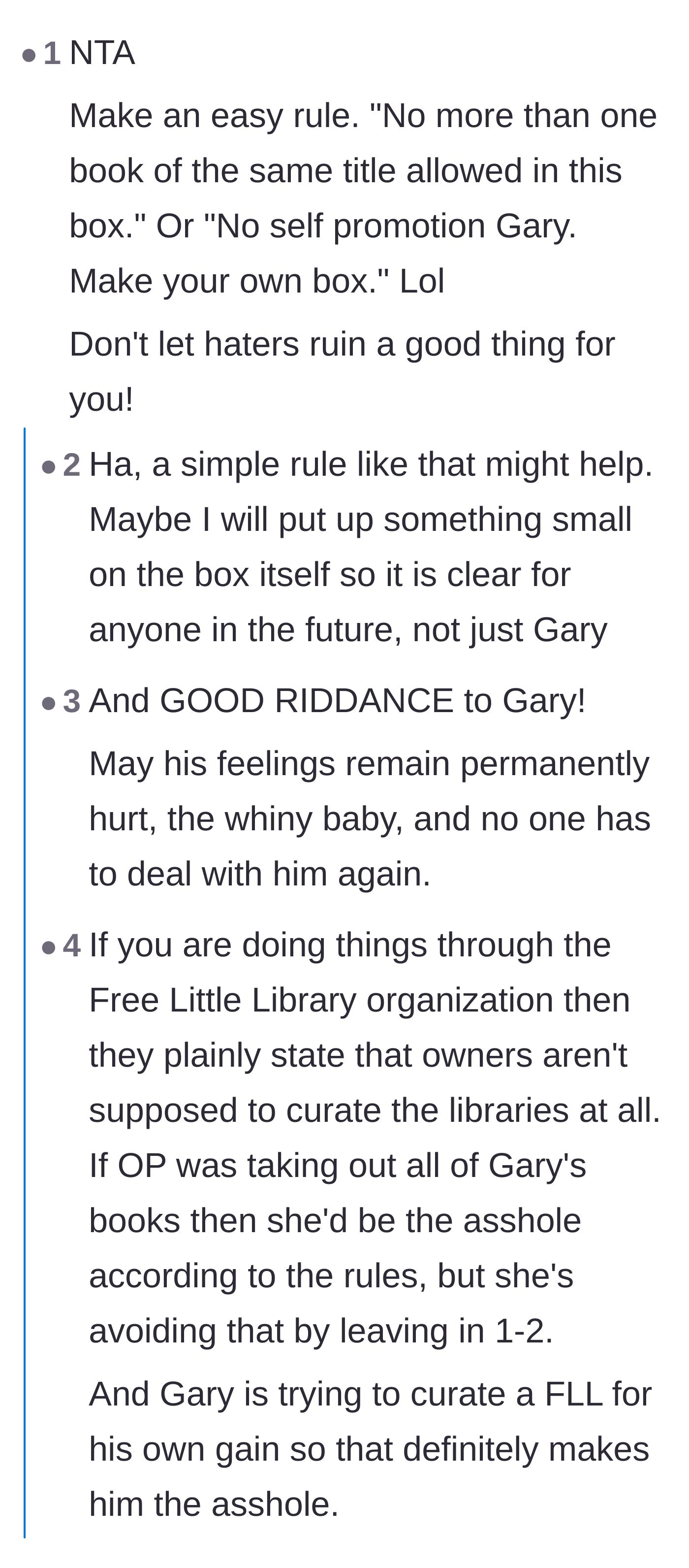 Comment thread 5 - Suggestions for posting formal rules on the box to prevent future neighborhood monopolies.