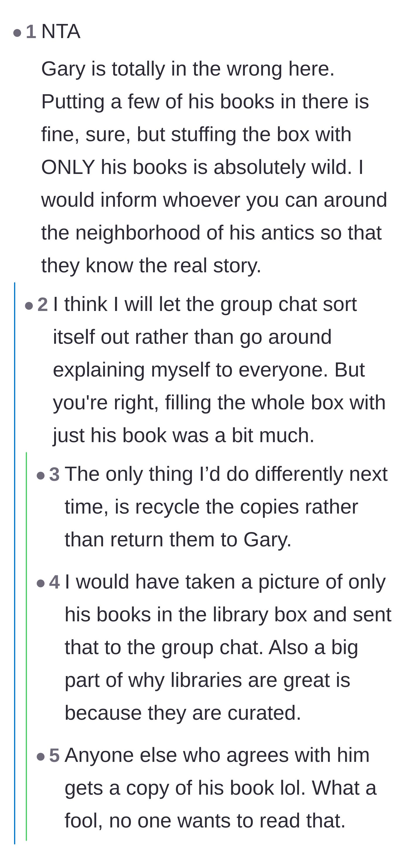 Comment thread 6 - Advice on managing the group chat gossip and suggestions to simply recycle the offending books.