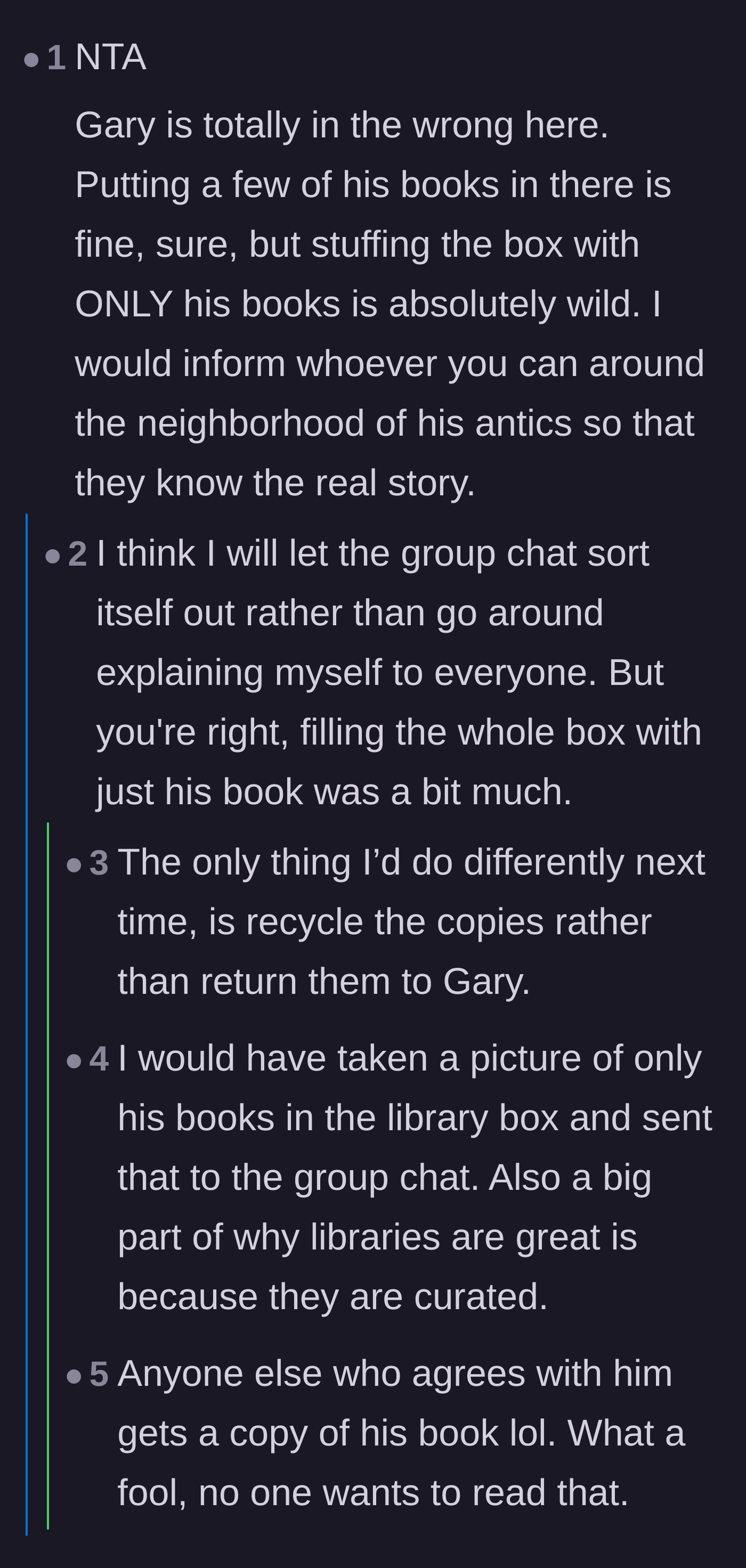 Comment thread 6 - Advice on managing the group chat gossip and suggestions to simply recycle the offending books.