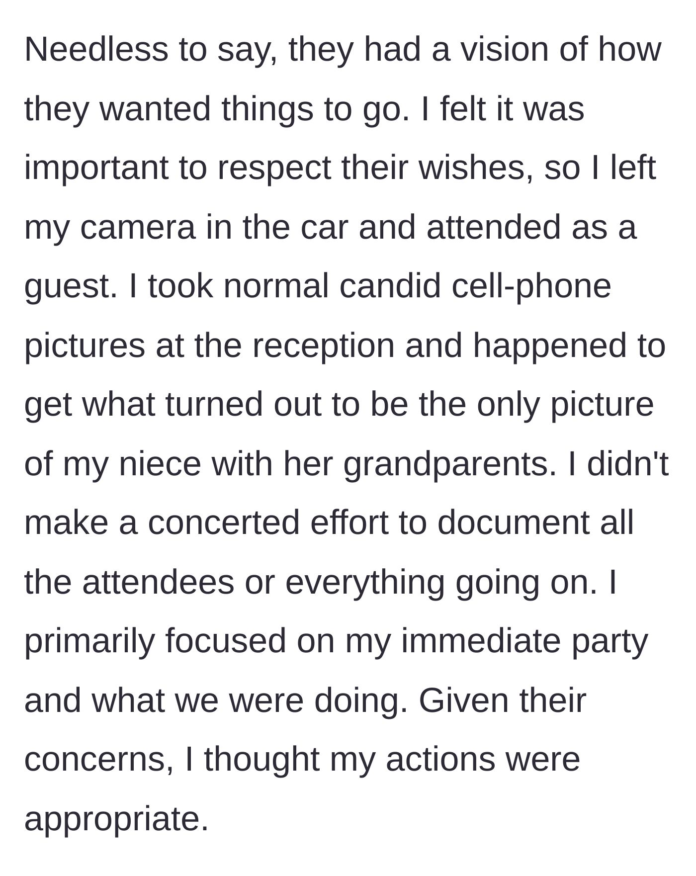 Story part 4 - The aunt complying, leaving her camera in the car, and taking casual cell phone pictures as a regular guest.