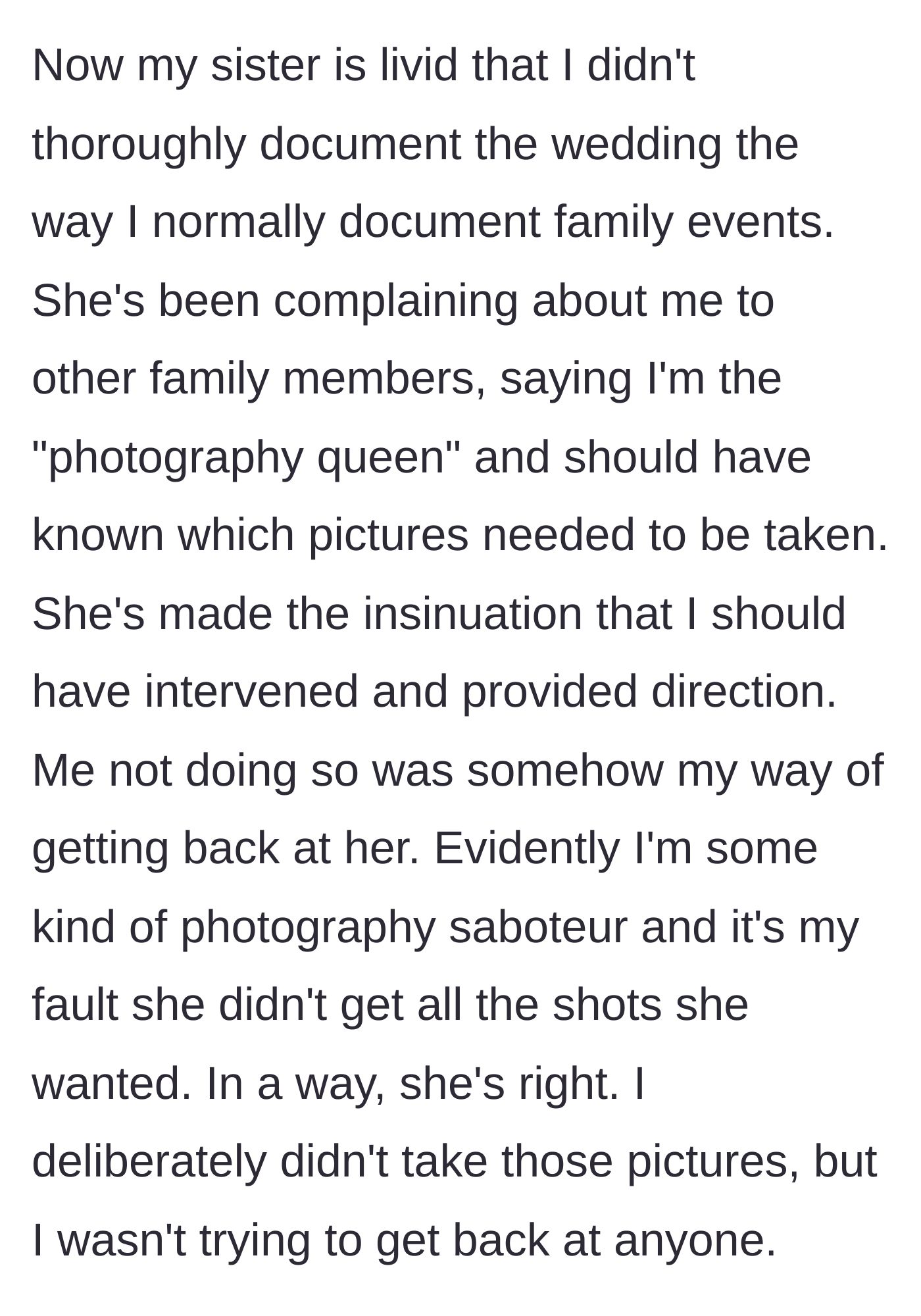 Story part 5 - The sister throwing a massive tantrum, calling the aunt a 'photography queen' and blaming her for not taking charge of the wedding photos.