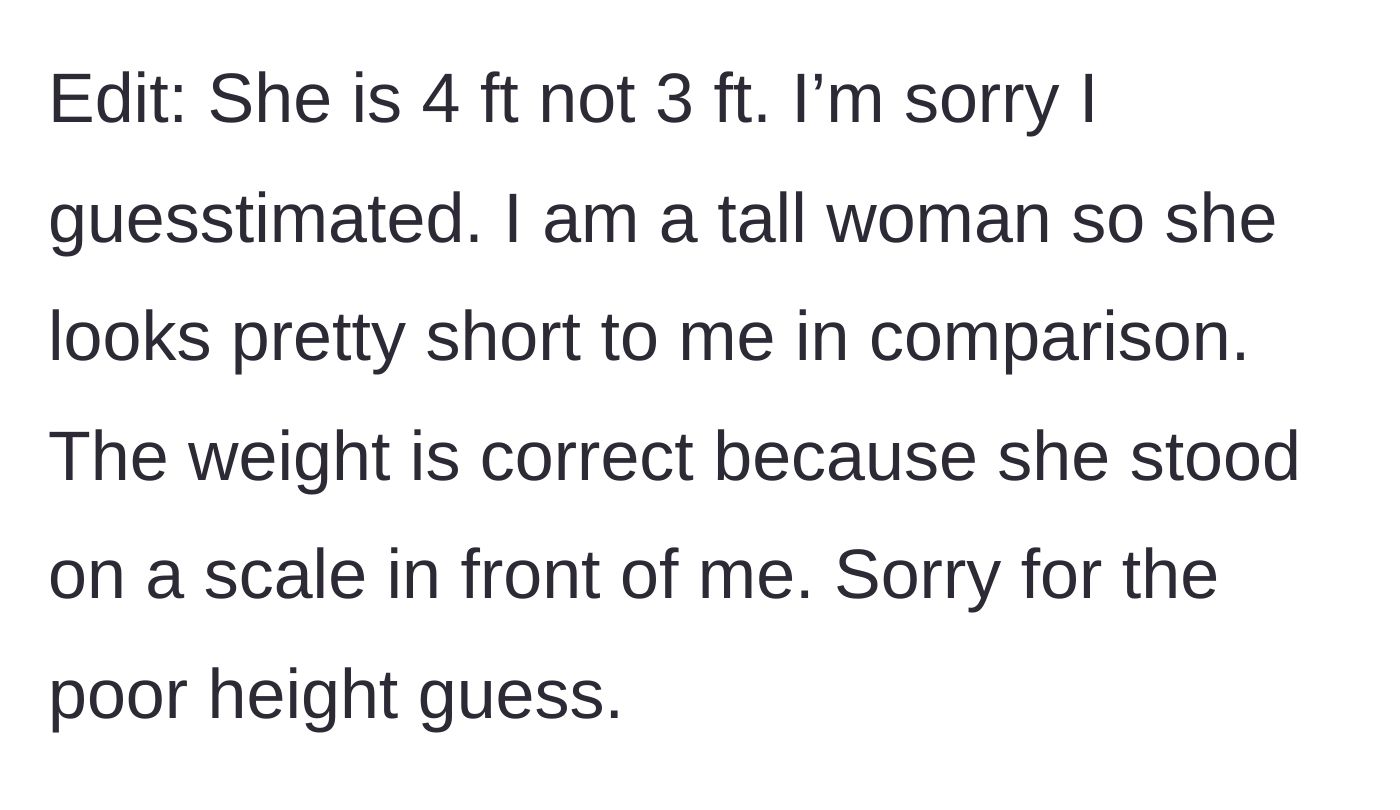 Story part 10 - Aunt corrects the niece's height to four feet tall and confirms the weight was measured on a scale.