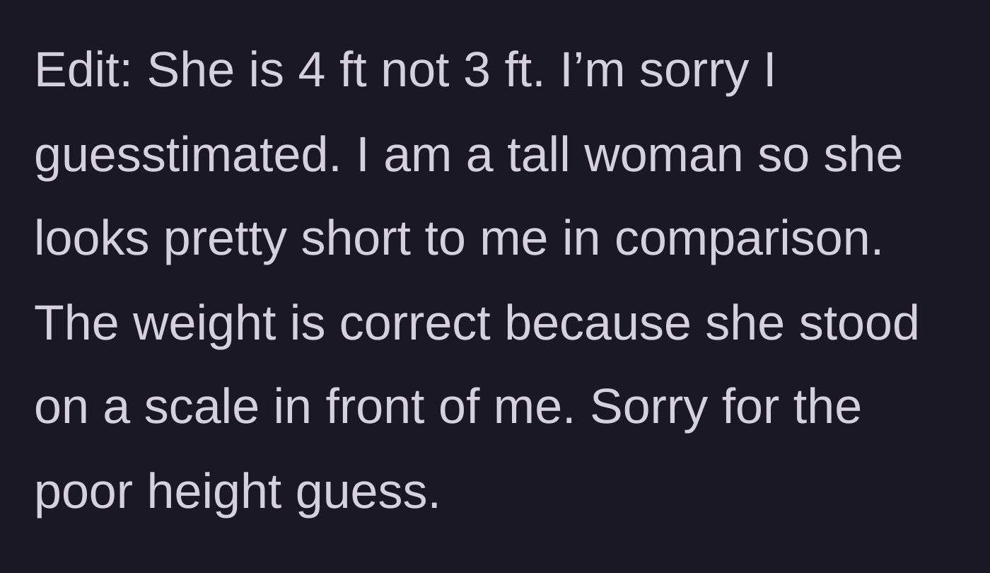 Story part 10 - Aunt corrects the niece's height to four feet tall and confirms the weight was measured on a scale.