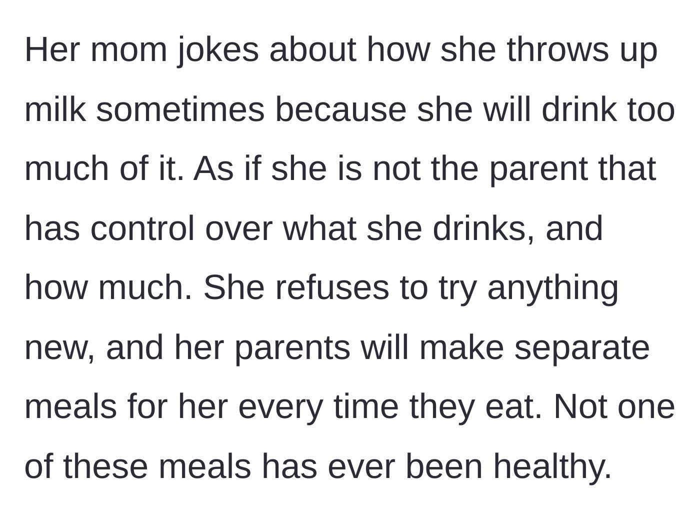 Story part 3 - Mother laughs about the child vomiting from drinking too much milk and refuses to set limits.