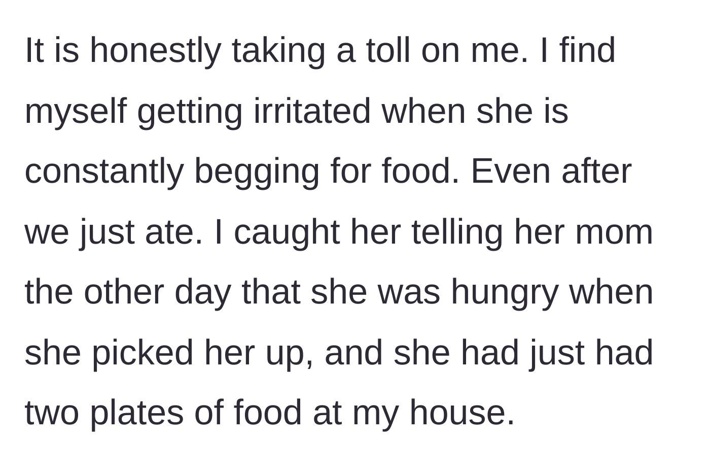 Story part 7 - Aunt expresses irritation at the constant begging and catches the niece lying to her mother about being starving.